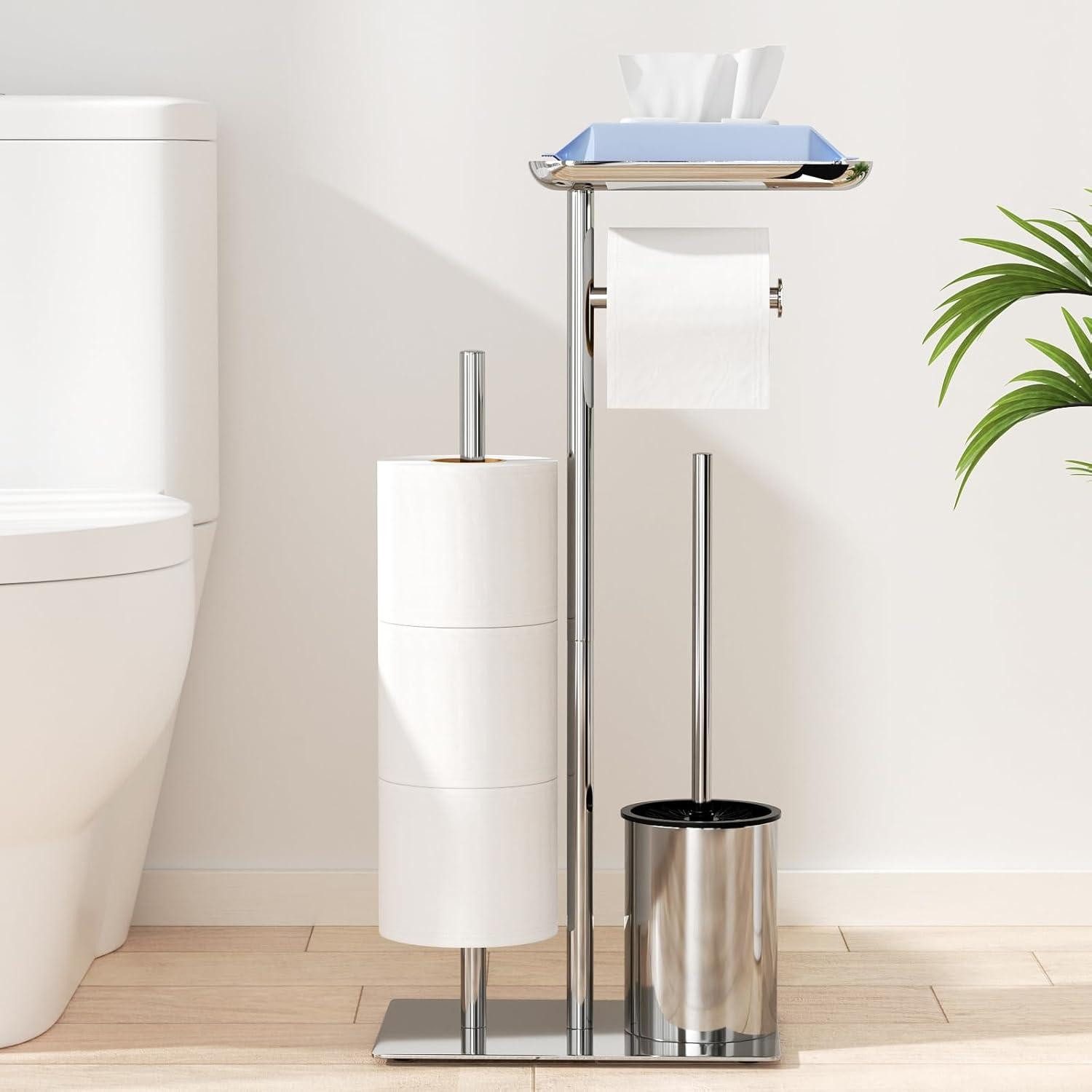 Badaccessoire-Set Toilettenpapierhalter Stehend Silber mit Bürste und Ablage