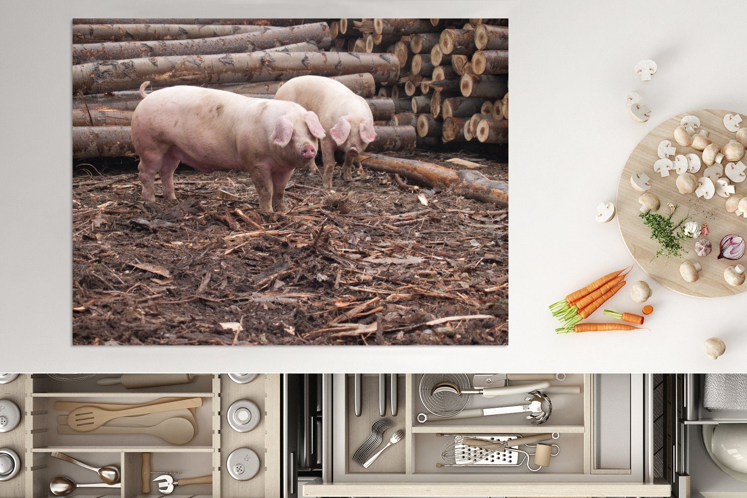 MuchoWow Herdblende-/Abdeckplatte Schweine - Holz - 70x52 tlg), Baum, nutzbar, Mobile Arbeitsfläche cm, Vinyl, Ceranfeldabdeckung (1