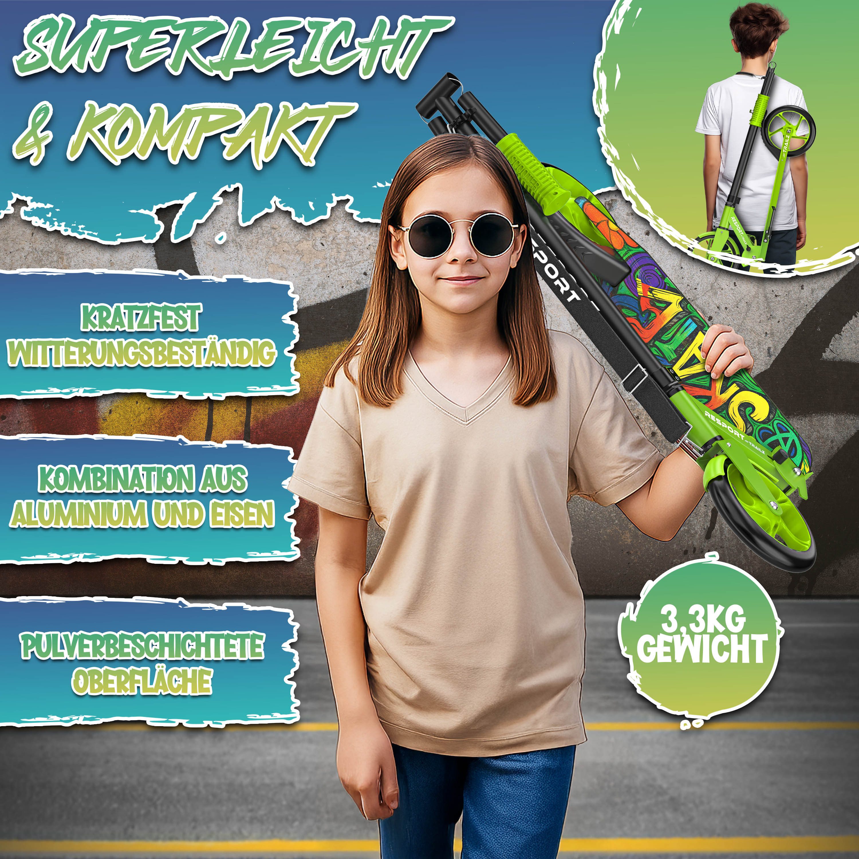 RE:SPORT Cityroller RE:SPORT® Trailz Cityroller Scooter inkl. Tragegurt und Klingel 200mm, (Scooter höhenverstellbar & klappbar, Kinderroller große Räder Kicksc – Bild 4 von 5