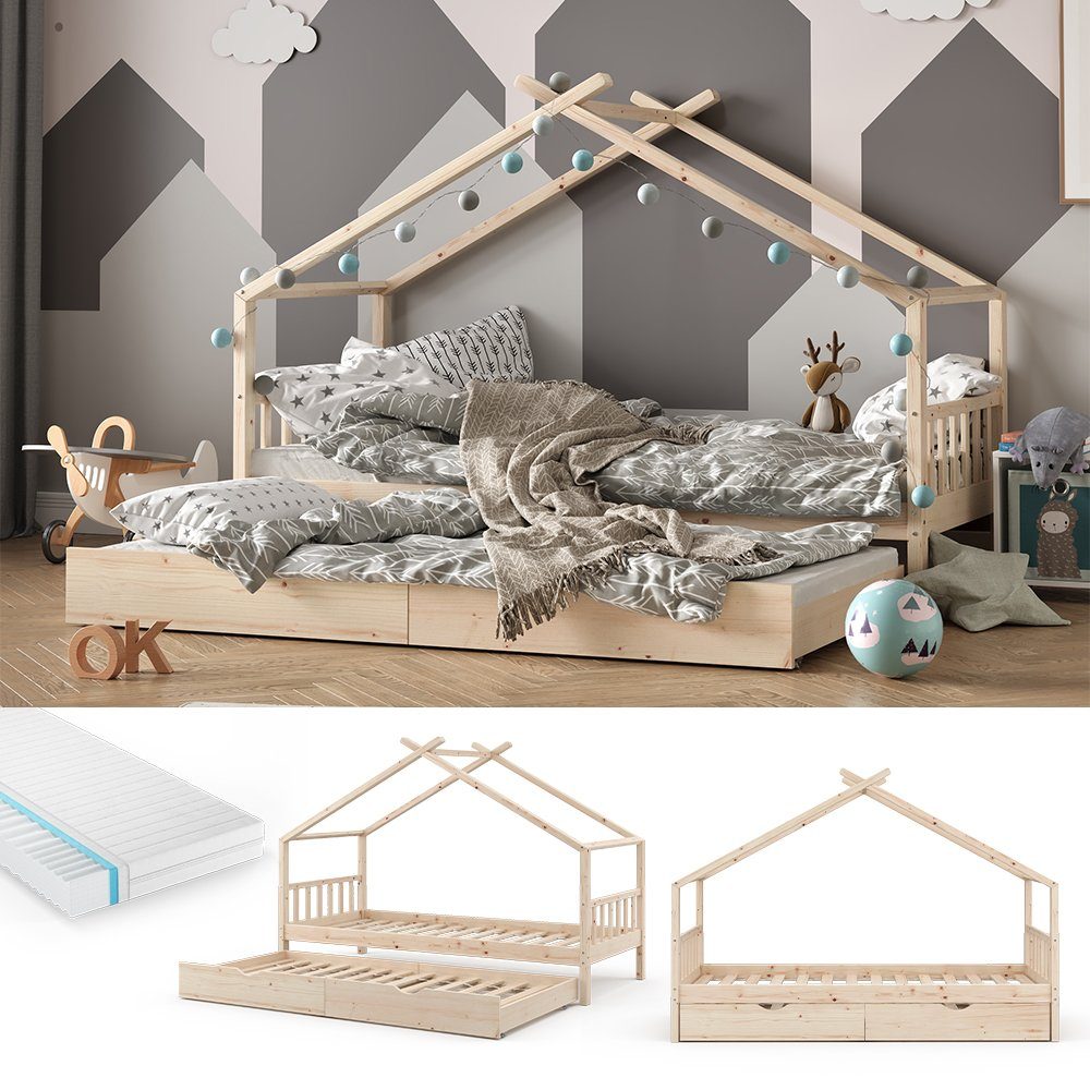 VitaliSpa® Hausbett Design, Naturholz, 90x200 cm mit Gästebett und Matratze (2-tlg)