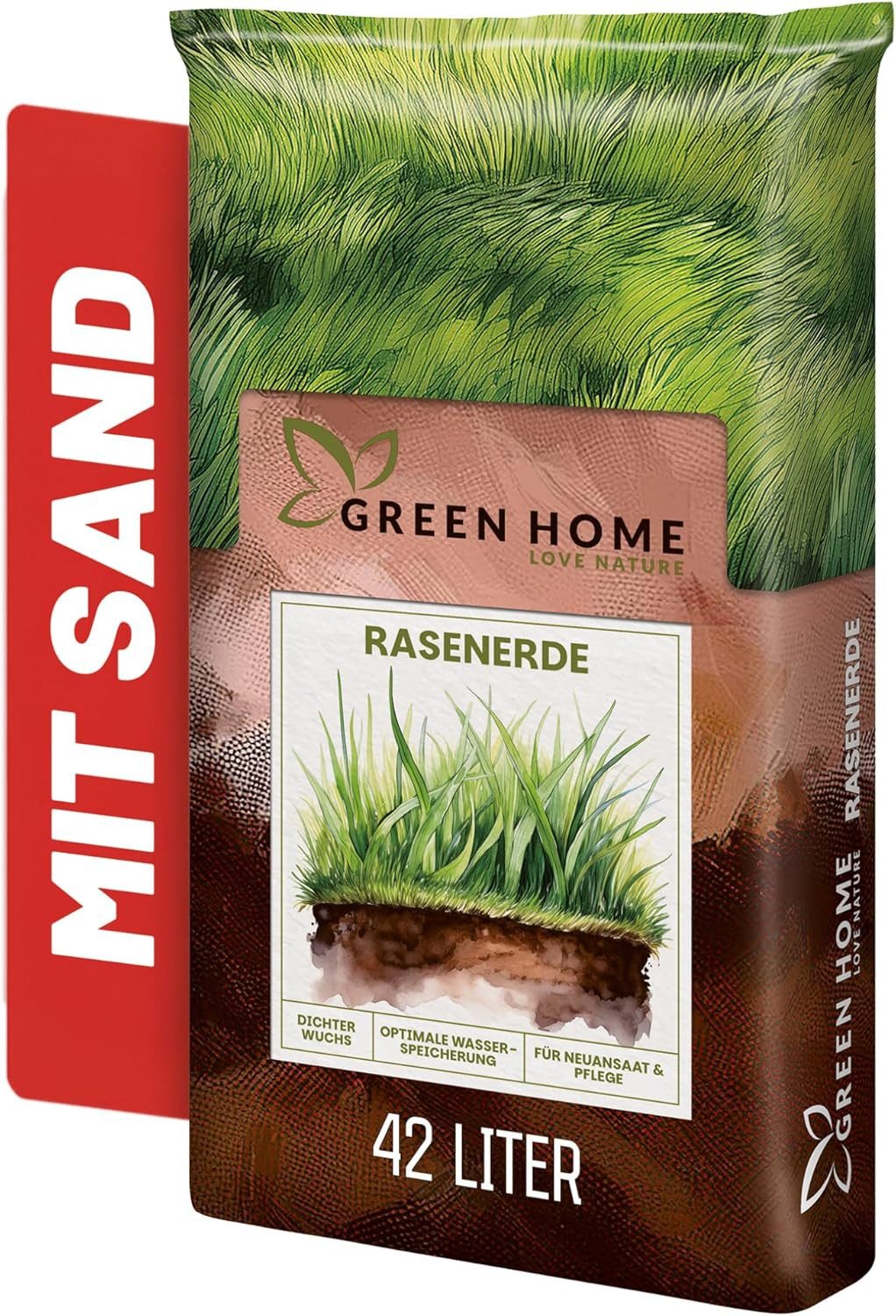 GREEN HOME LOVE NATURE Spezialerde Rasenerde 42 Liter Sack – Spezialerde zur Rasen Neuanlage & Nachsaat 42 L, rasen erde, rasenerde mit sand, turbogrün, substrat, rasensand
