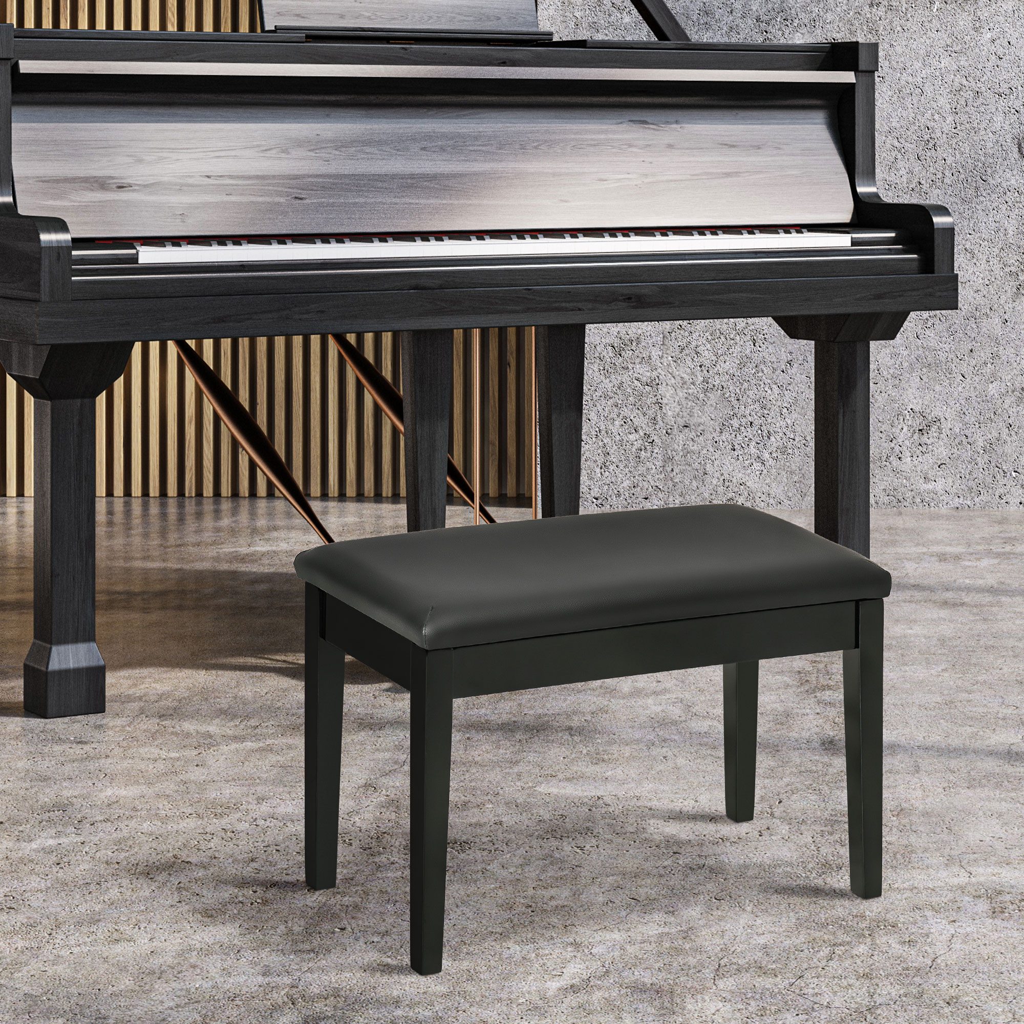 OKWISH Polsterbank Hocker 75x35x49 cm in Schwarz mit Lederkissen, Holz, Kunstleder (Packung, 1-St., Höhenverstellbar mit Stauraum für Noten & Zubehör), Praktische Pianobank für Musiker & Heimstudio, stabil & komfortabel