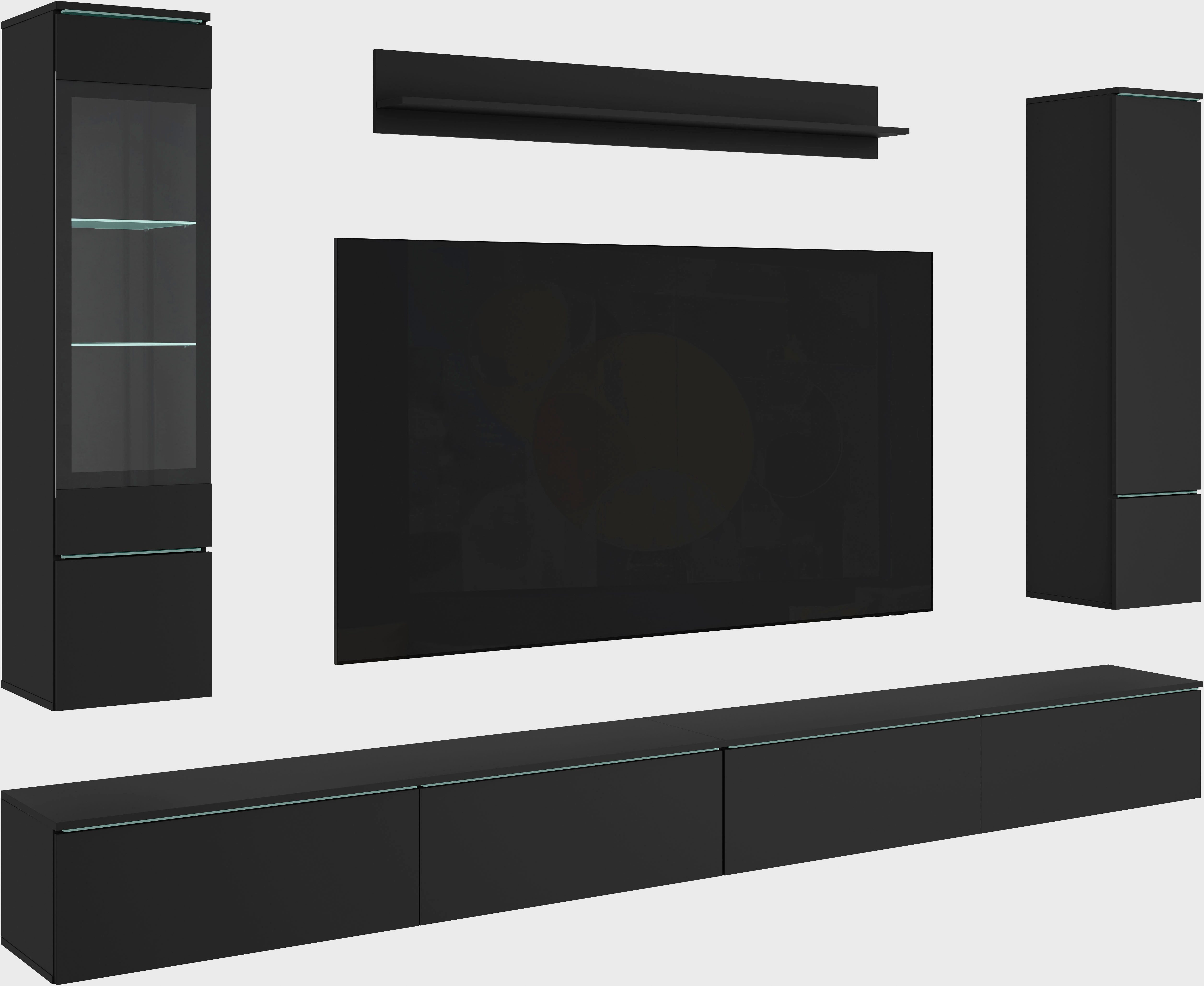 Home affaire Wohnwand Vera, Breite 300 cm, (Komplett-Set, 5-St), Mit LED, Glasvitrine, grifflose Fronten
