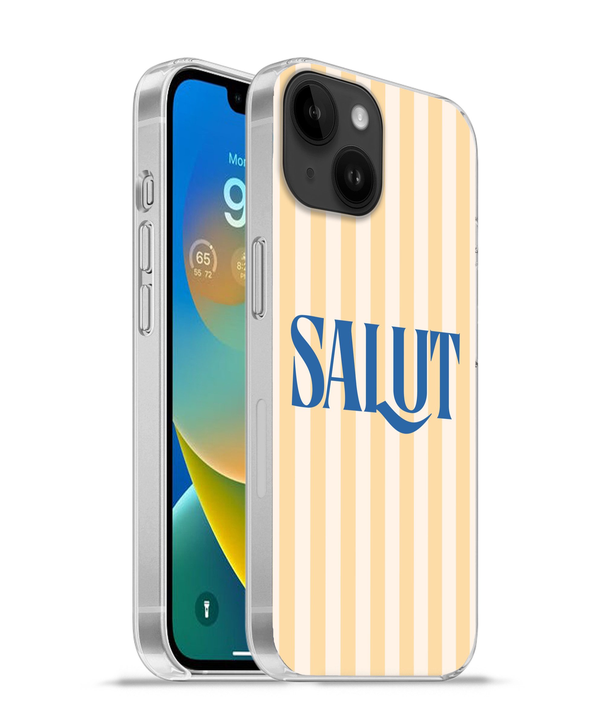 MuchoWow Handyhülle für Apple iPhone 14 Salut - Zitat - Streifen - Gelb - Blau - Weiß, Smartphone-Bumper, Print, Handy Schutzhülle Dünn