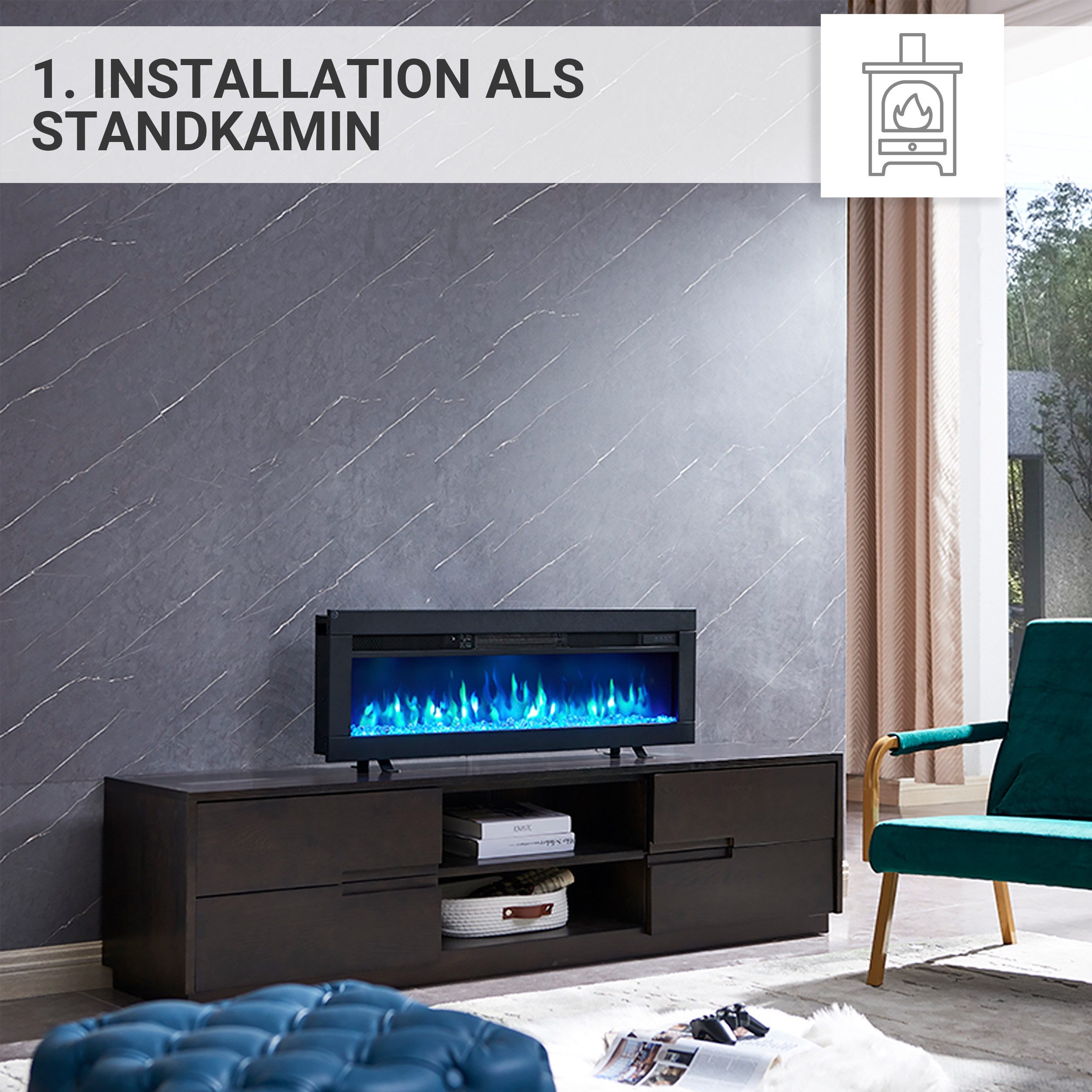 Balderia Elektrokamin Agnes 40, 3in1 Elektrokamin für Stand-, Wand- oder Einbau-Montage