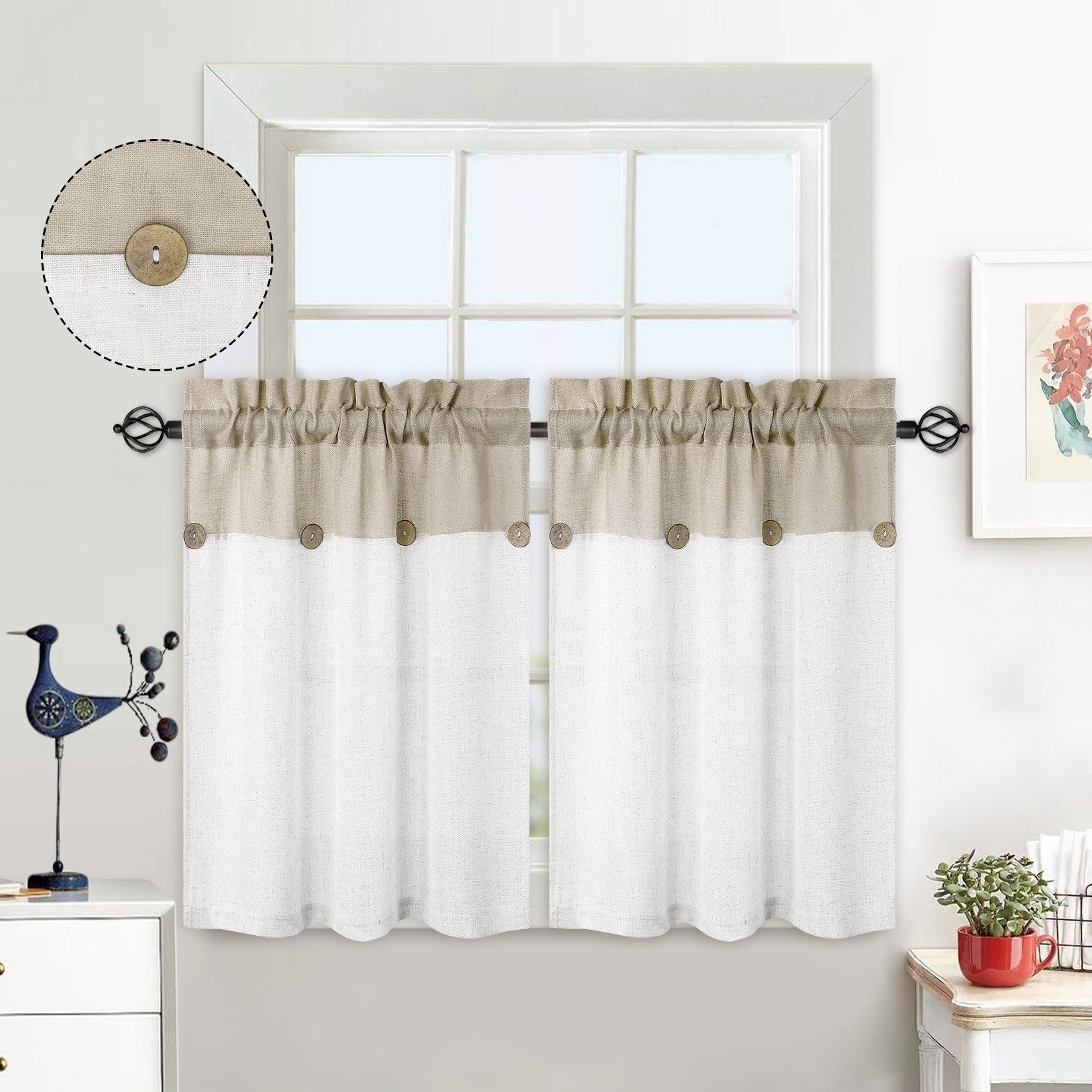 GarveeMore Gardine Scheibengardine Landhaus Fensterdeko Patchwork Querbehang Panneaux (1 St), halbtransparent, Aus Leinen-Mix mit Knopf, zweifarbig gestreift, für Küche oder Bad