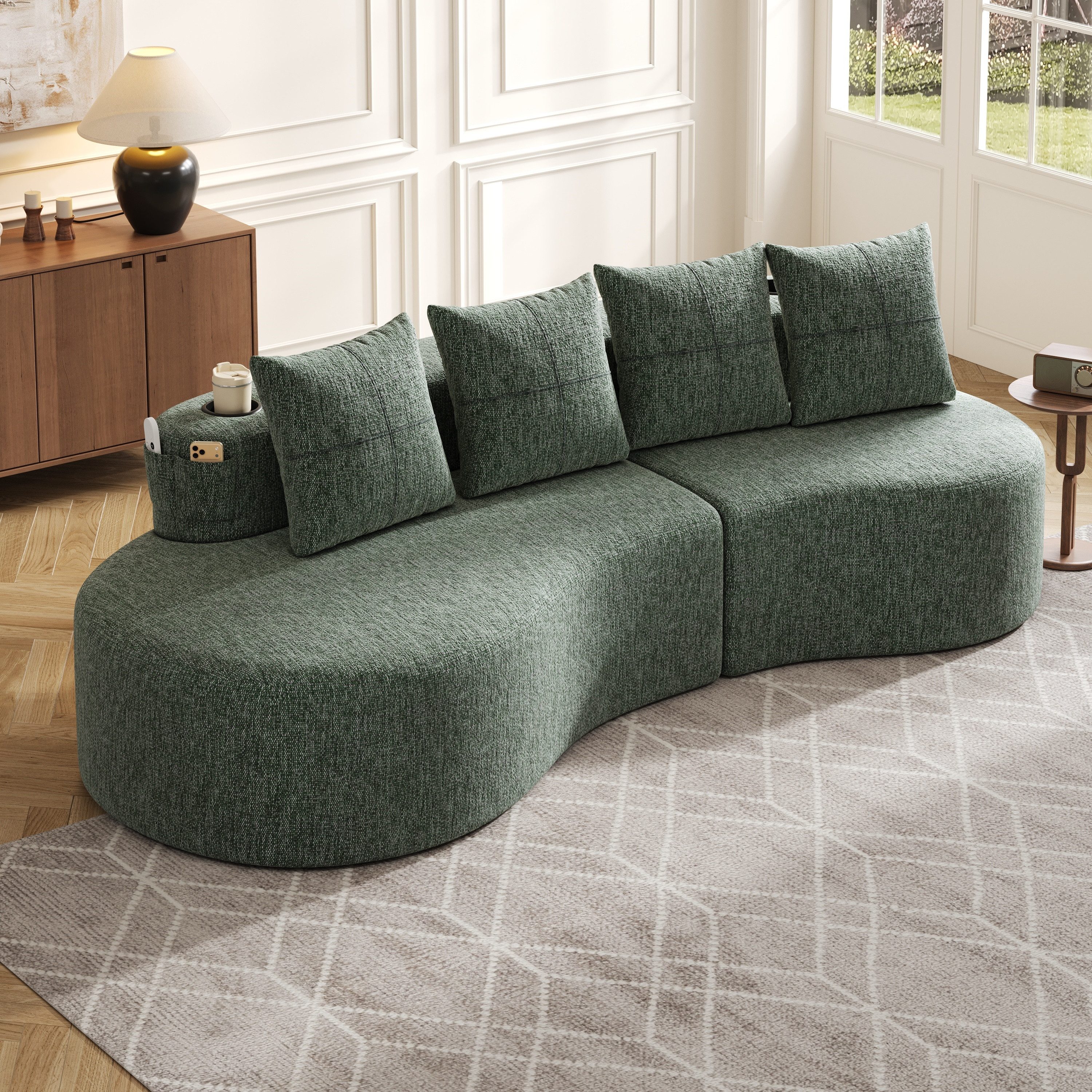 HAUSS SPOLE Loungesofa aus Leinenstoff,Chaiselongue mit vier Kissen,Polstermöbel in Grün