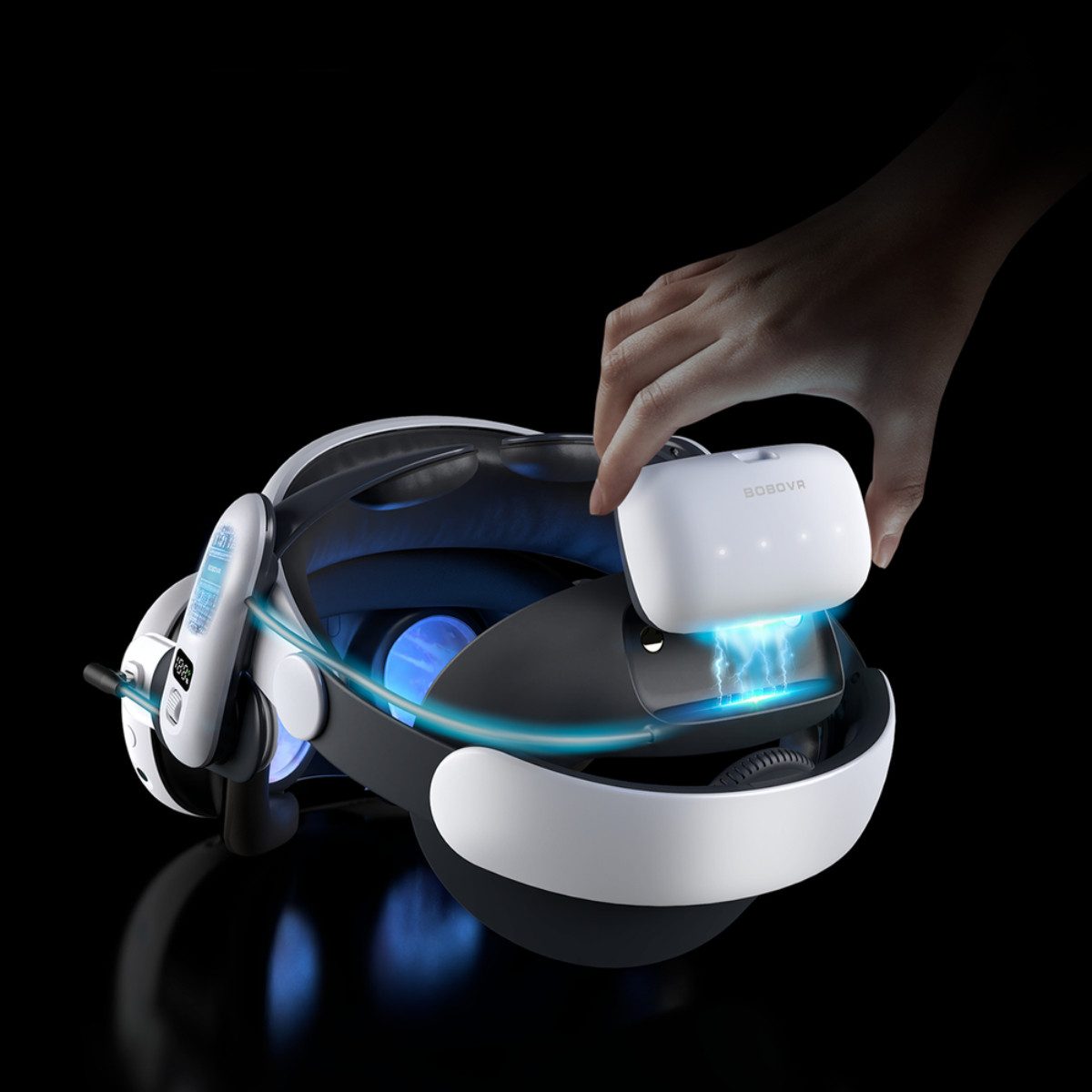 BOBOVR VR Brillen-Halterung S3 Pro für Meta Quest 3 mit B100 Akku, (Einzelartikel, Zugentlastungsband mit aktiver Kühlung und Zusatzakku)