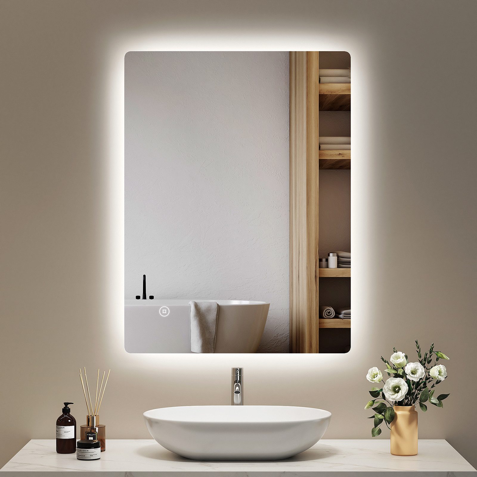 EMKE Badspiegel LED-Badspiegel 80 × 60 cm, dimmbar, mit Antibeschlag (Vertikal und Horizontal möglich), 6500 K Kaltweiß, Touch, Memory, Auto-Aus, IP44, rahmenloses Design