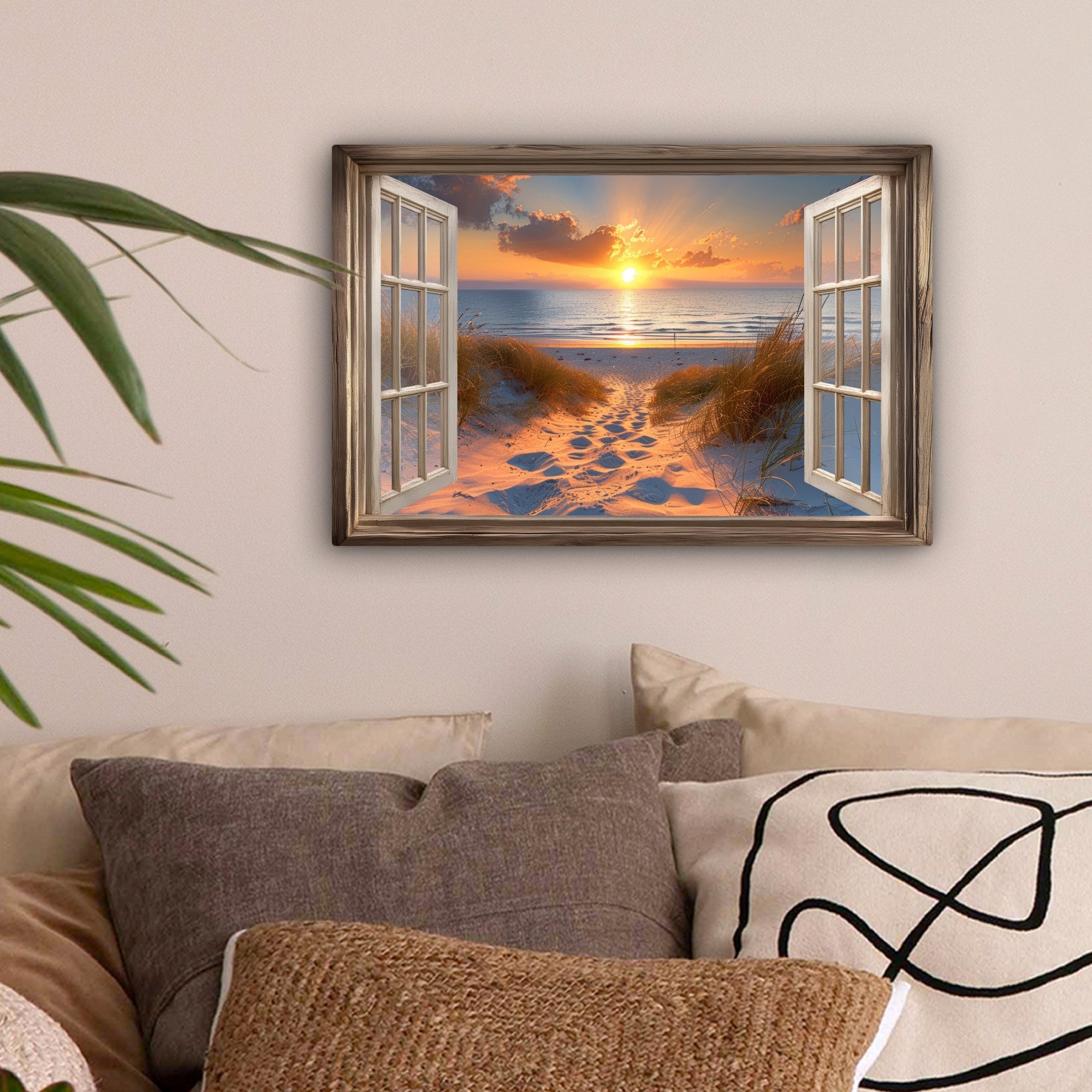 OneMillionCanvasses® Leinwandbild Durchblick - Strand - Dünen - Sonnenunter günstig online kaufen