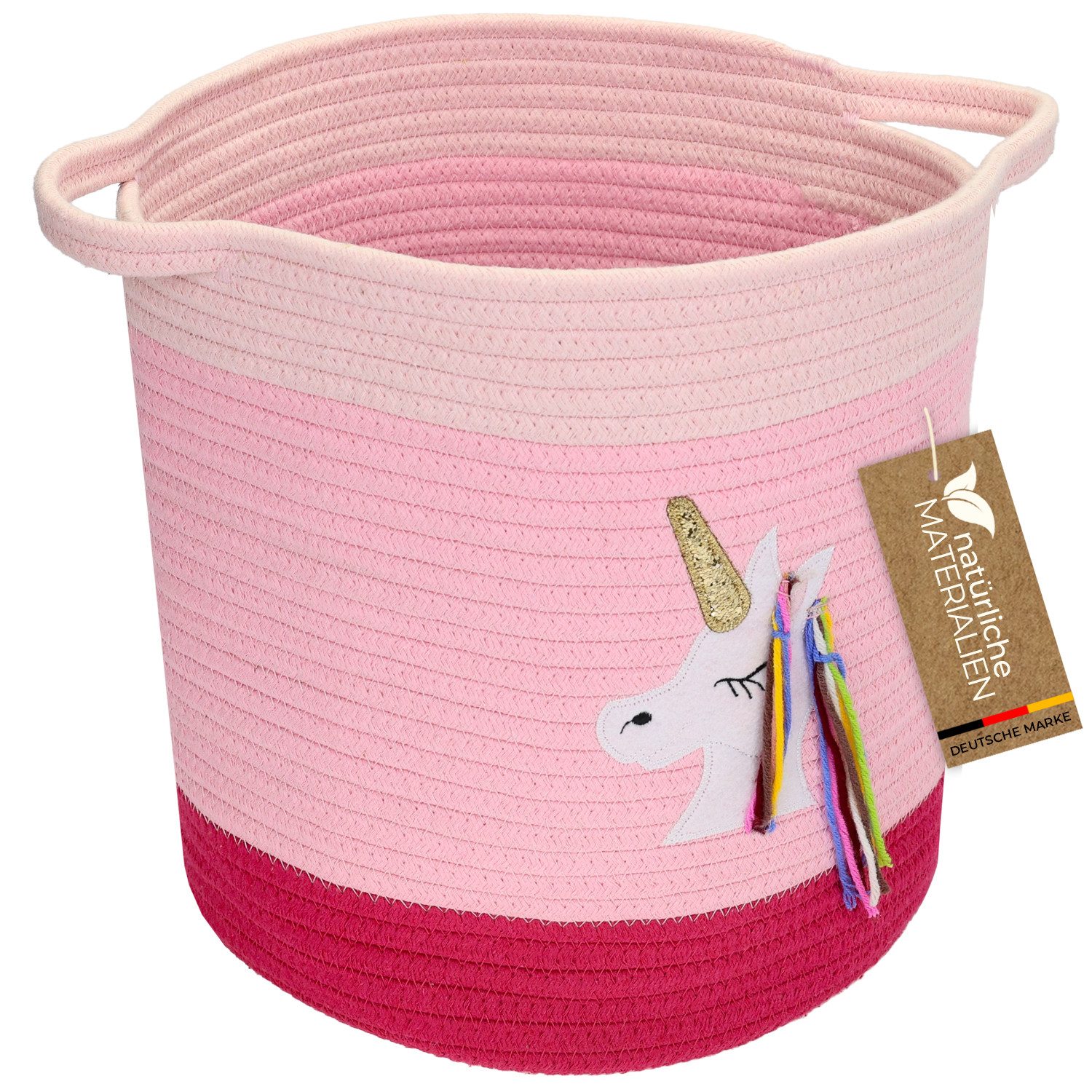 HMF Aufbewahrungskorb Aufbewahrungskorb mit verlängerten Griffen, runder Korb, Baumwolle für Kinderzimmer oder Babyzimmer, Einhorn, 30,5 x 30,5 cm