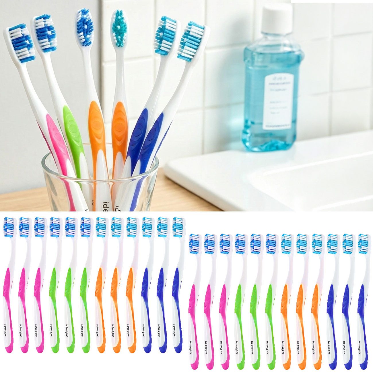 shop'n smile ideoon Zahnbürste Handzahnbürsten Set Hart mit Zungenreiniger, 12er- / 24er-Pack, Zahnbürsten-Familienpackung mit Wellenprofil & einzeln verpackt
