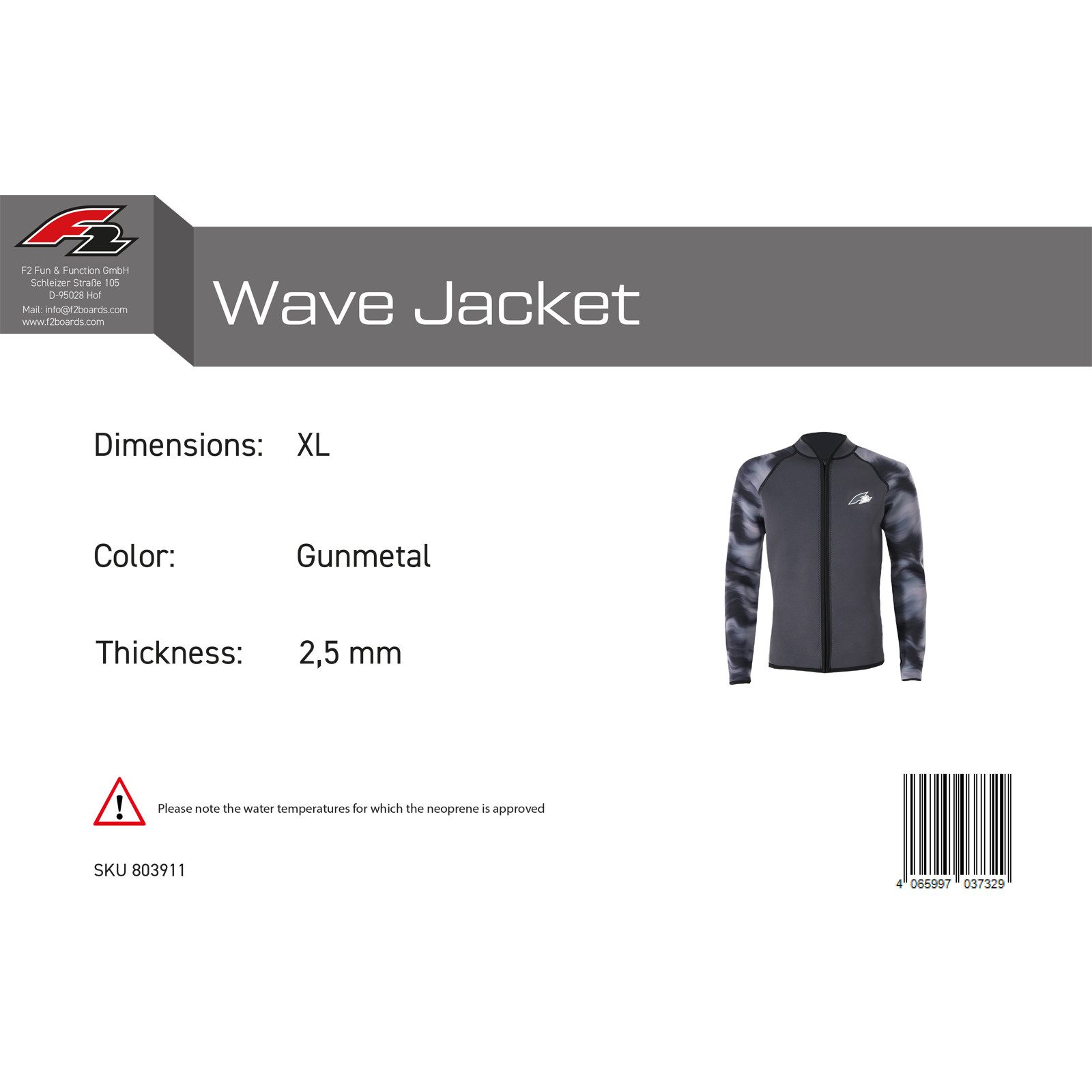 F2 Neoprenanzug F2 Herren Neopren Oberteil Wave Jacket 2,5 mm XL Anthrazit 2024/25
