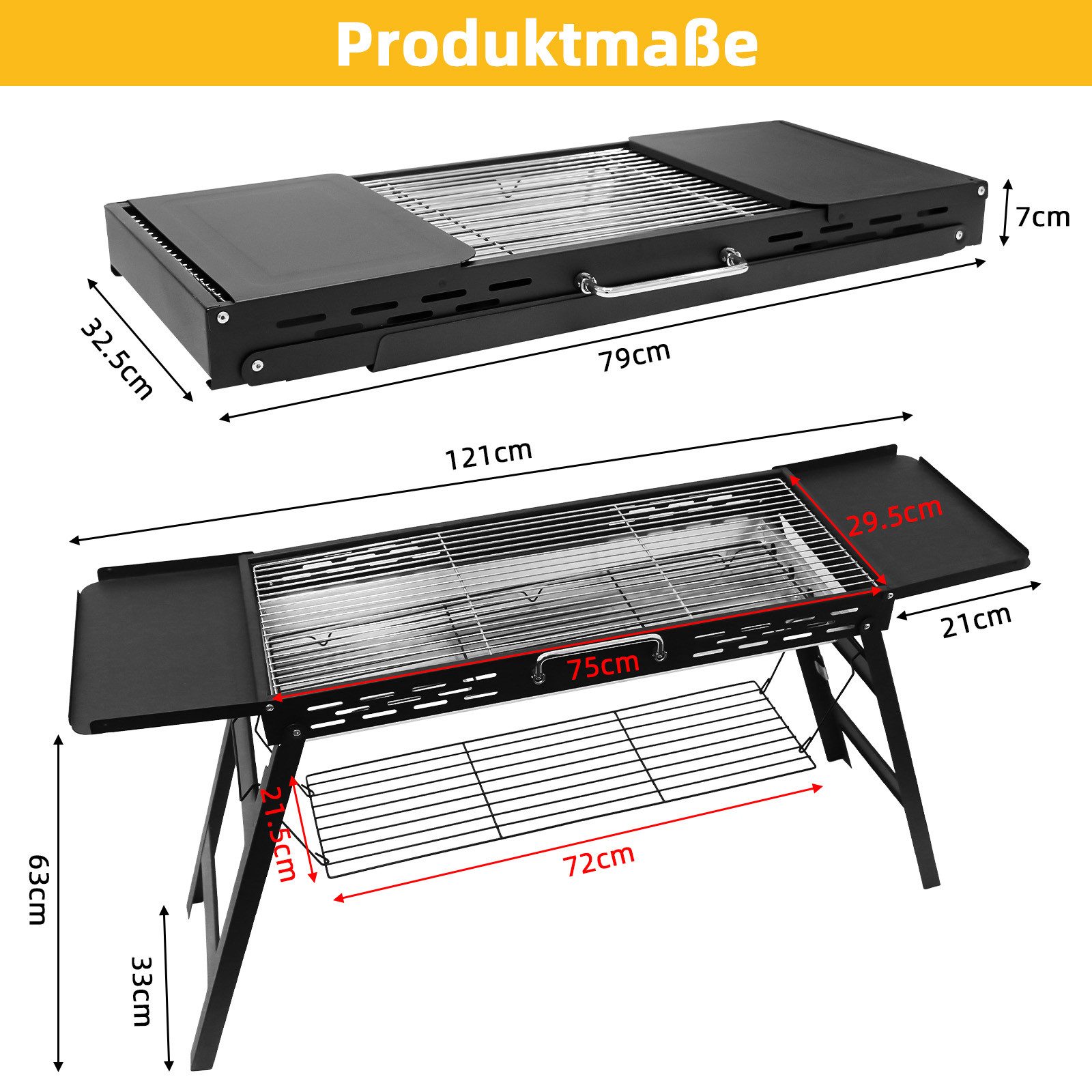 SunJas Holzkohlegrill K-603 Tragbar Klappgrill mit Praktische Seitenablagen, Untergitter, Tischgrills Picknick grill Campinggrill Geeignet für 3–5 Personen