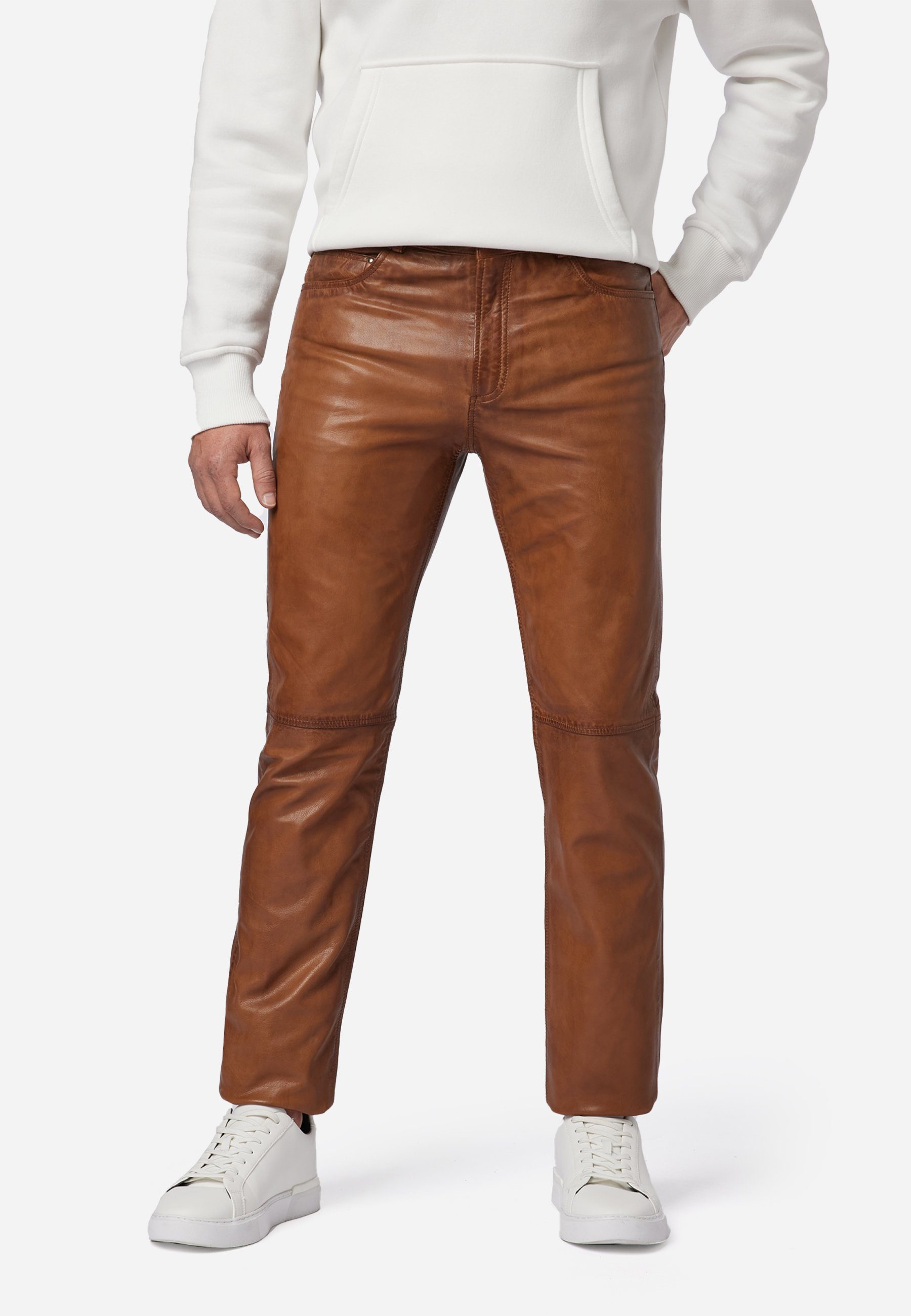 Hochwertiges Lamm-Nappa Leder; Pant RICANO Jeans-Optik 5-Pocket Trant Cognac Lederhose