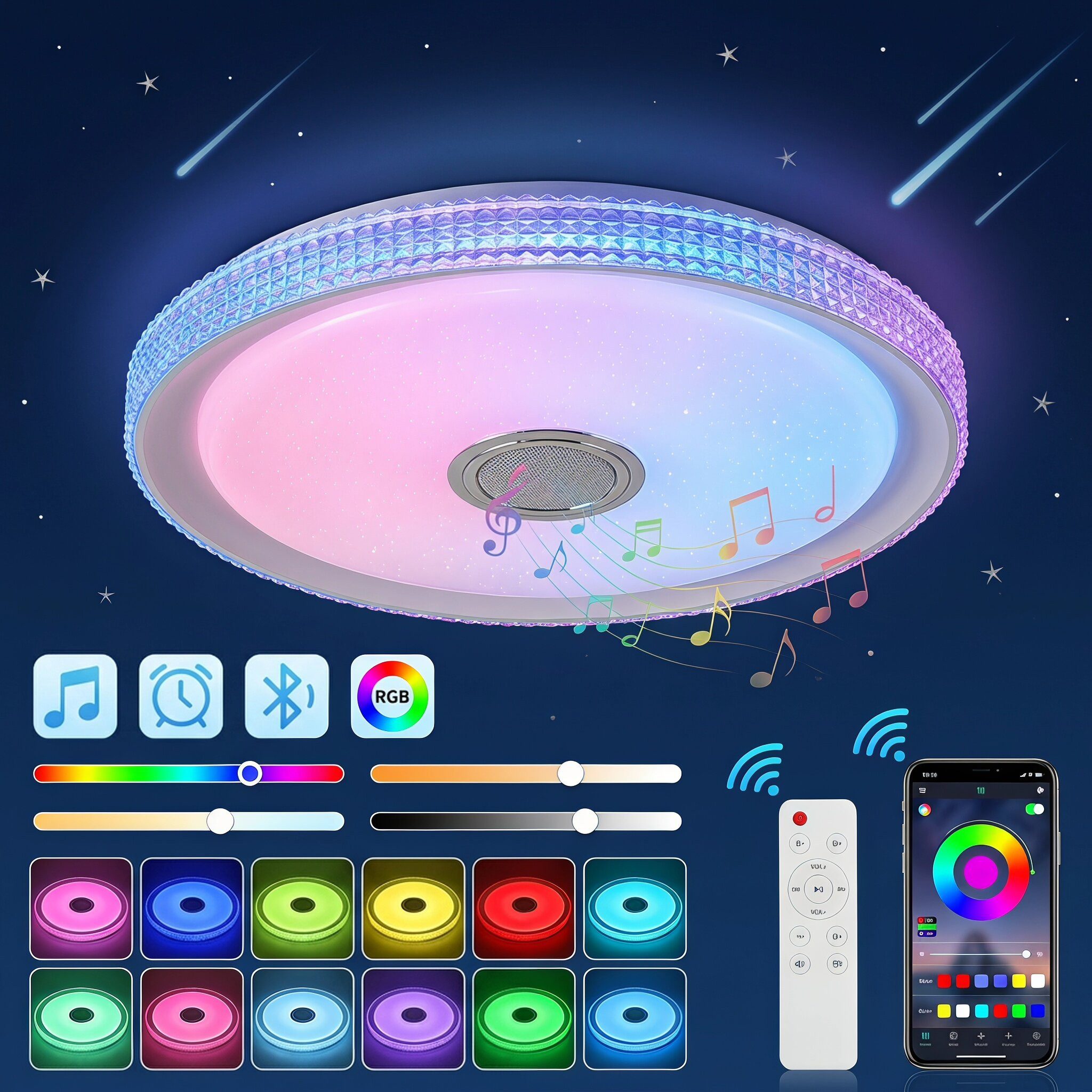 oyajia Deckenleuchte 55W LED Deckenlampe mit Bluetooth Lautsprecher, RGB Fernbedienung APP, LED fest integriert, Kaltweiß+Naturweiß+Warmweiß+RGB, mit RGB Farbwechsel für Schlafzimmer Wohnzimmer Kinderzimmer Hotel