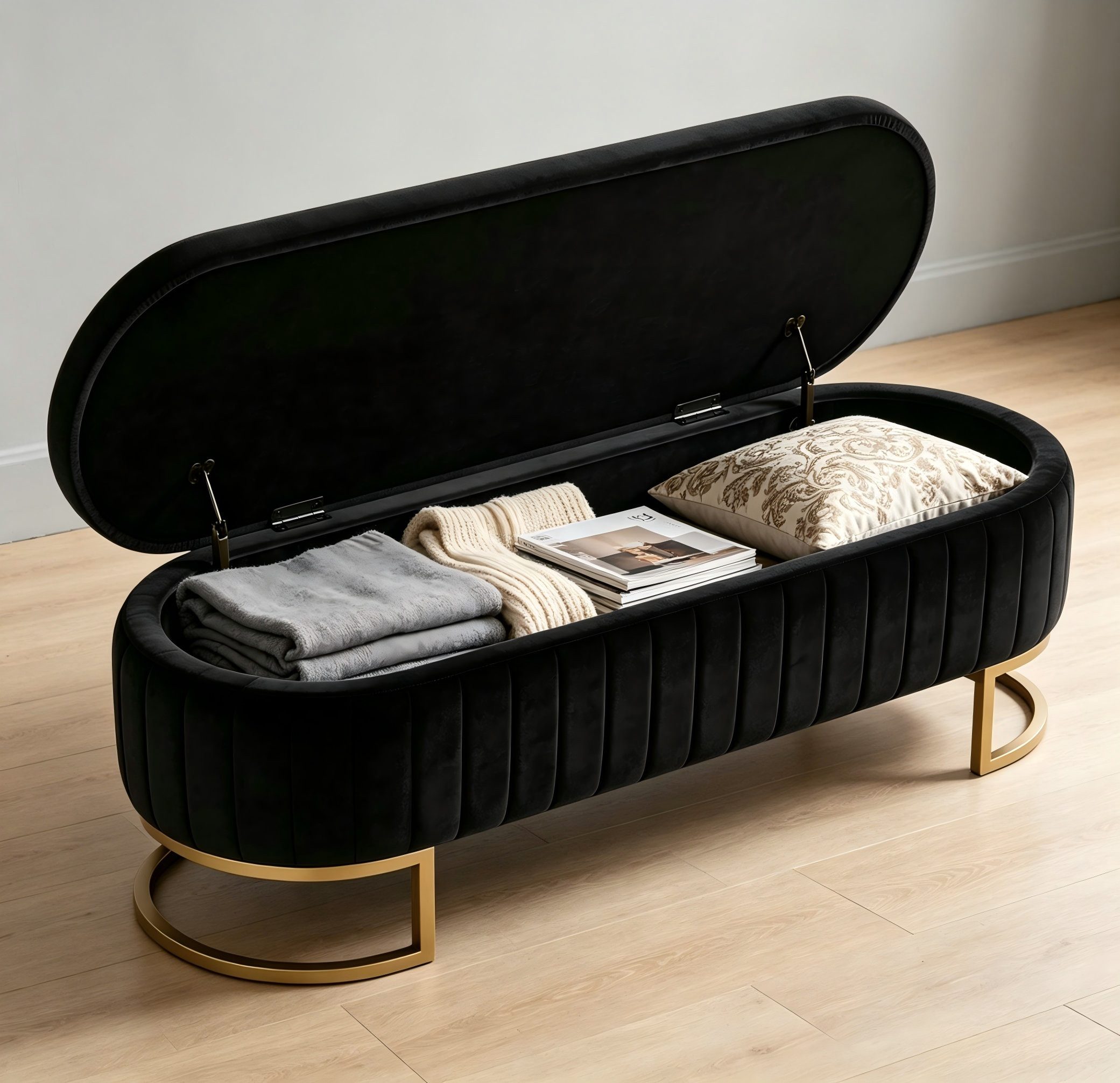 Odikalo Bettbank Schuhbank Fußbank Samtbezug mit Stauraum GoldeneMetallfüße (Samt Bettbank Fensterbank mit Stauraum 130cm Polsterbank Sitztruhe für Schlafzimmer Flur Wohnzimmer)