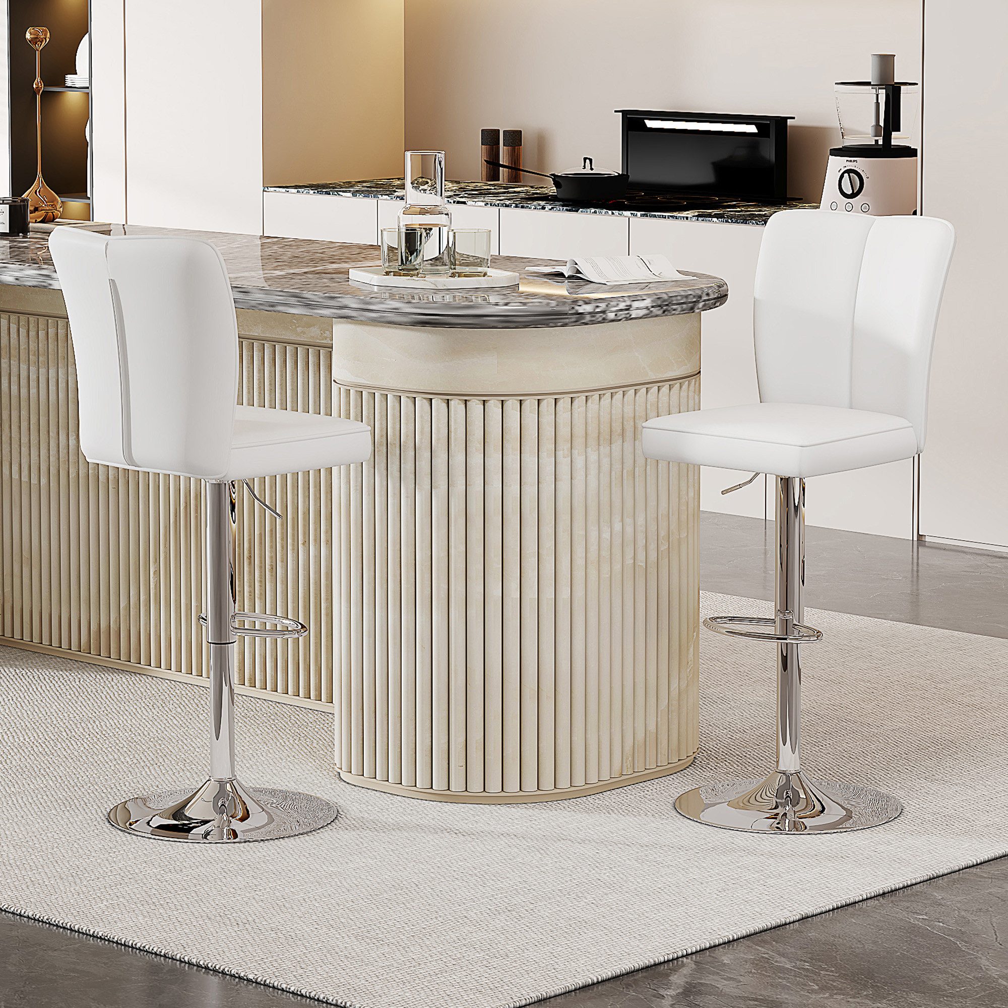 JUFU höhenverstellbar & 360° drehbar mit ergonomischer Rückenlehne (2 St), moderner Küchenhocker mit PU-Bezug, Metallfuß & Fußstütze