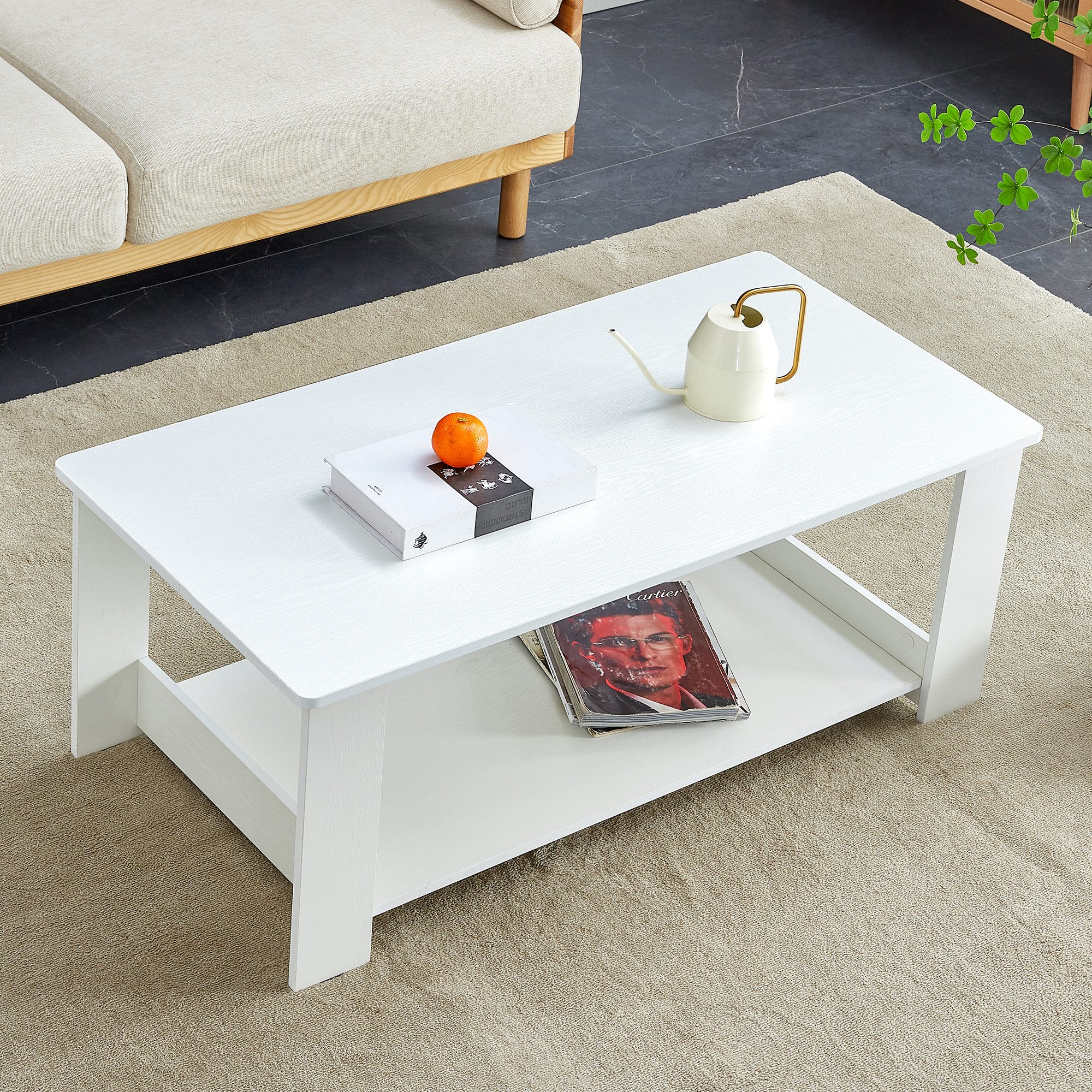 STILVORA Couchtisch Moderne Beistelltisch Einfacher Wohnzimmertisch mit Holzmaserung (Moderner Sofatisch, Offenes Regal mit zwei Ebenen, Stabile Konstruktion mit hoher Tragfähigkeit), Perfekte Lösung für kleine Wohnzimmer