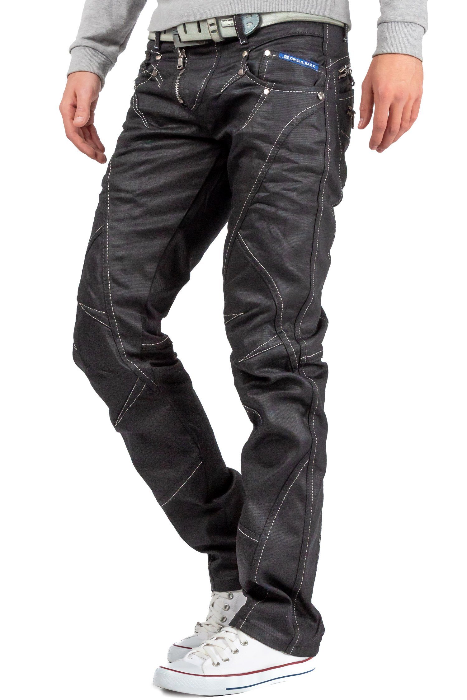 weißen BA-C0812 5-Pocket-Jeans Baxx Schwarz Hose & Nähten mit Glänzend Cipo in