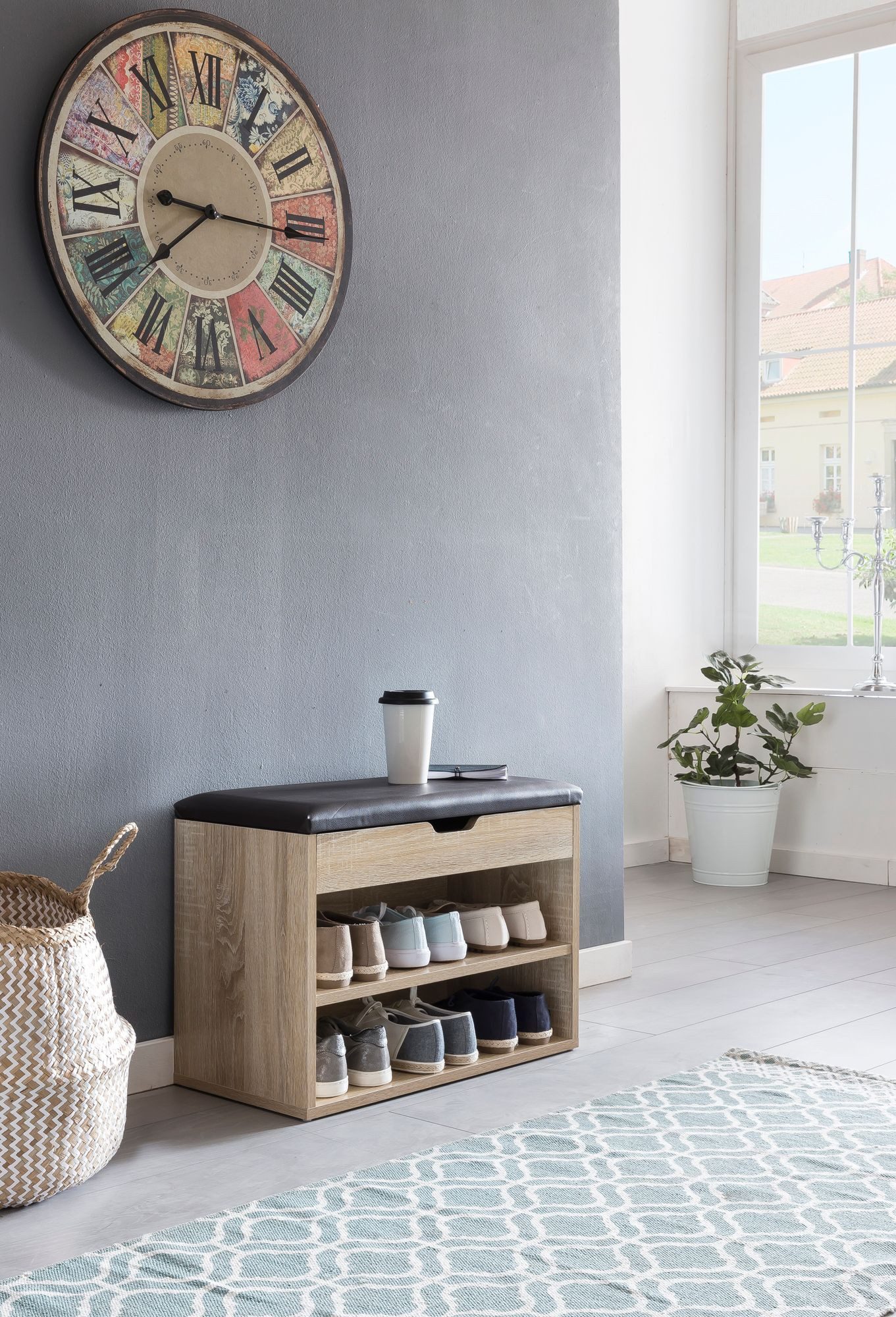 furnicato Schuhschrank Garderobenbank mit Stauraum 60x40x30 cm Sonoma Eiche Gepolsterte Schuhbank mit extra Stauraumfach und Mulden Griff