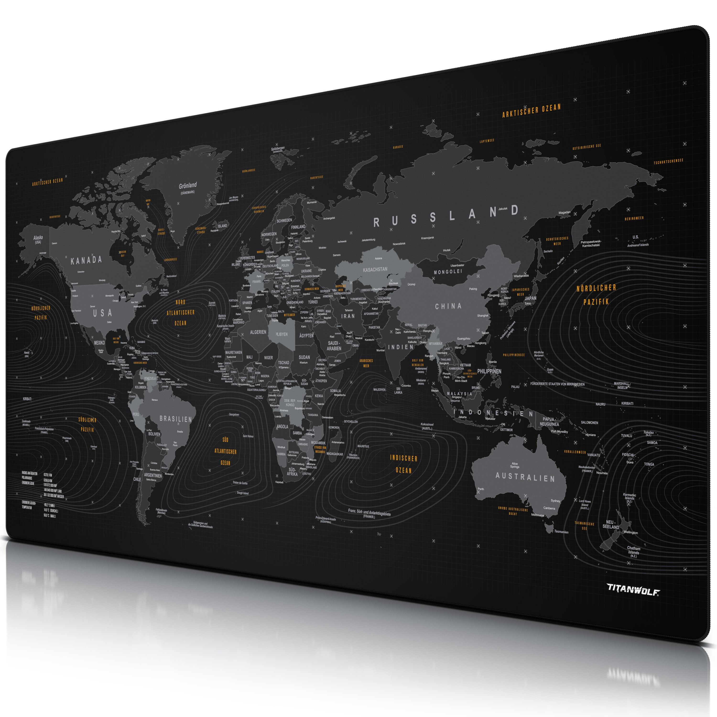 Titanwolf Gaming Mauspad XXXL Speed Mousepad 1500 x 800 x 3 mm, große Tischunterlage, rutschfest, abwaschbar, Geschwindigkeit & Präzision, Weltkarte dt.