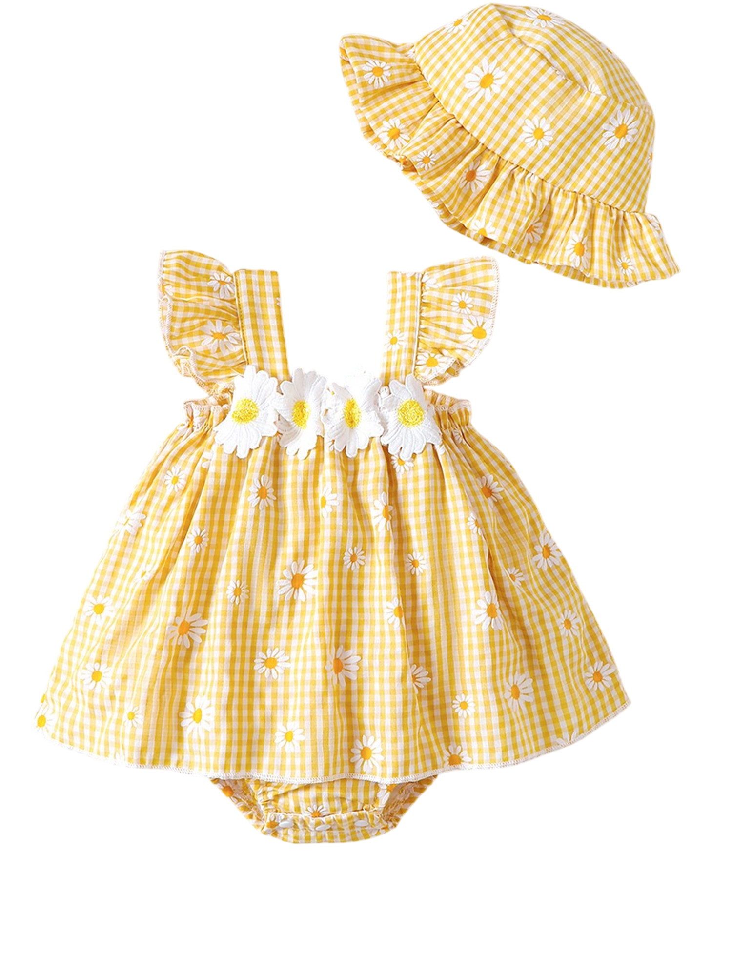 Gluckids Strampler Baby-Mädchen-Set aus Strampler, ärmellosem Rüschenkleid und Hut (Set, 2-tlg) mit Karomuster und Blumenmuster, süße und casual Kleidung
