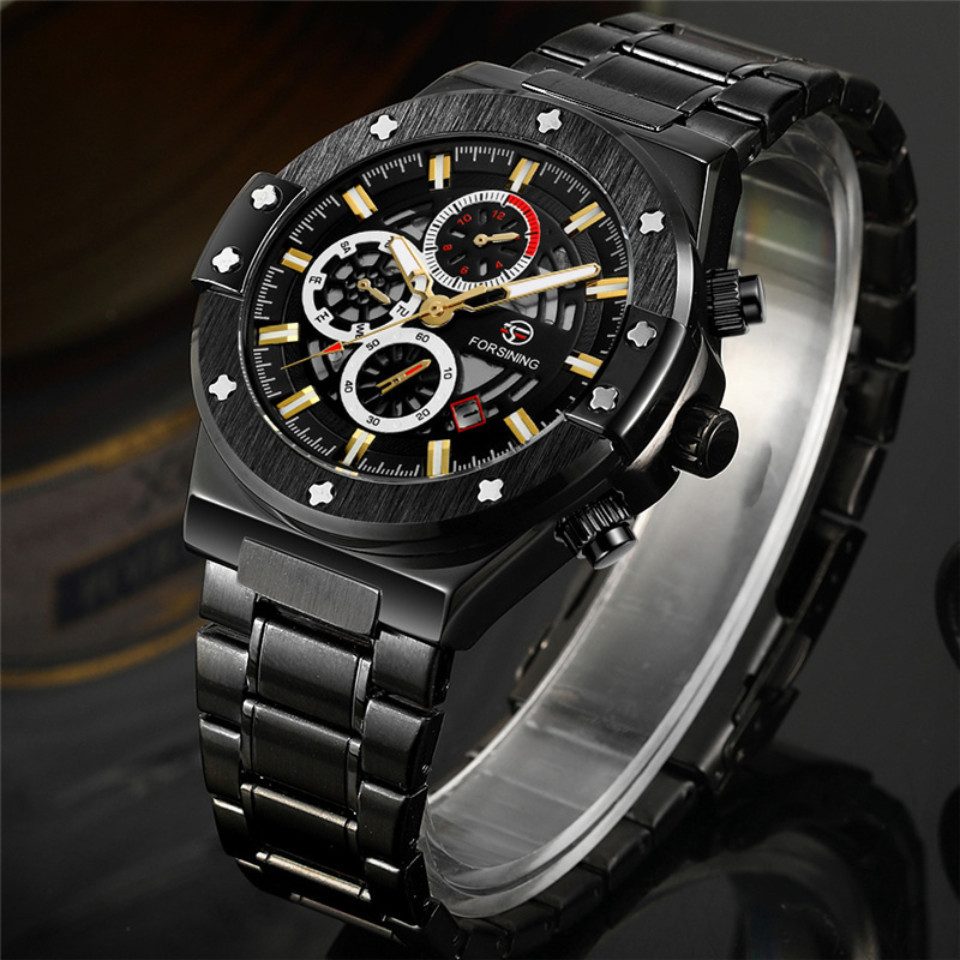 Rötting Design Automatikuhr Herrenuhr Männeruhr Marke Forsining schwarzes Ziffernblatt, Datum Wochentag Monats Anzeige, schwarzes Design
