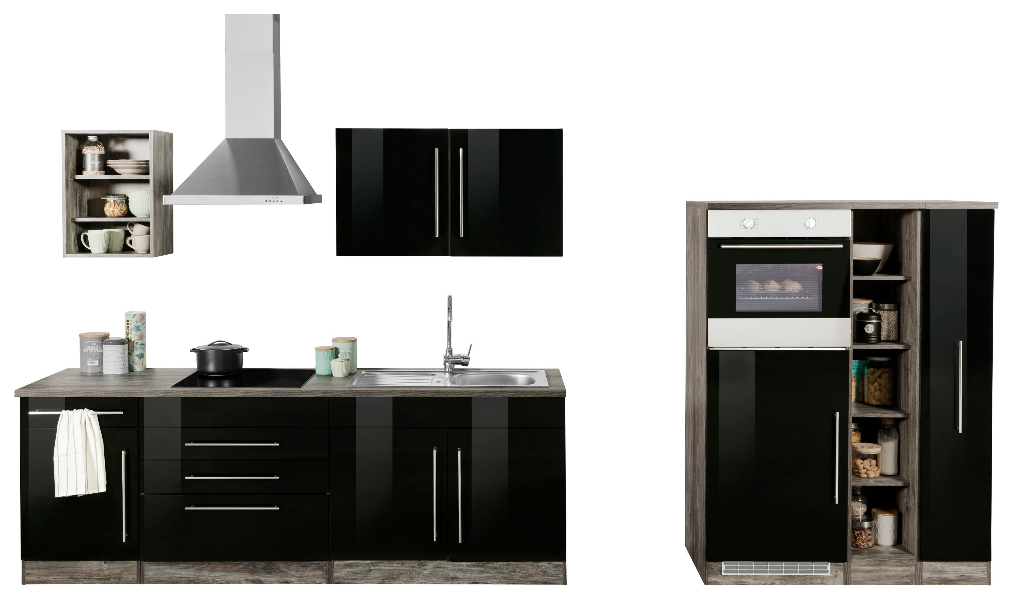 HELD MÖBEL Küchenzeile Samos, mit E-Geräten, Breite 350 cm schwarz