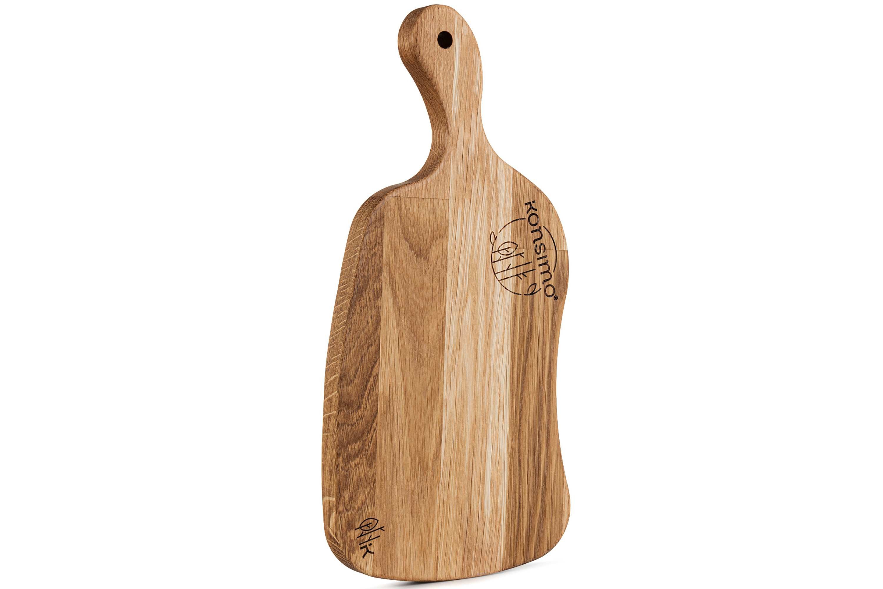 KONSIMO® Schneidebrett Premium LIVO Designschneiderbrett, Massivholz, Servierbrett, Eiche geölt, (Maße: 33x2x15,5 cm), hergestellt in der EU, mit Griff, Handarbeit, Messerschonend
