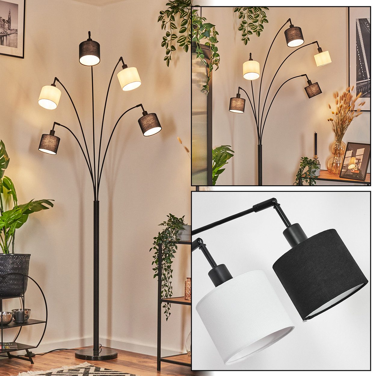 hofstein Stehlampe Stehlampe aus Metall/Stoff in Schwarz/Weiß, ohne Leuchtmittel, moderne Stehleuchte verstellbar mit Marmorfuß und Fußschalter, E14