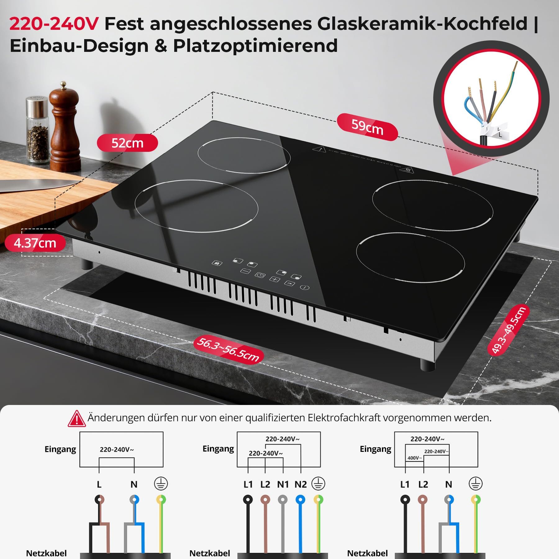 SNDOAS Elektro-Kochfeld, Glaskeramikkochfeld 60 cm, 4 Kochzonen 6000 W, für alle Töpfe