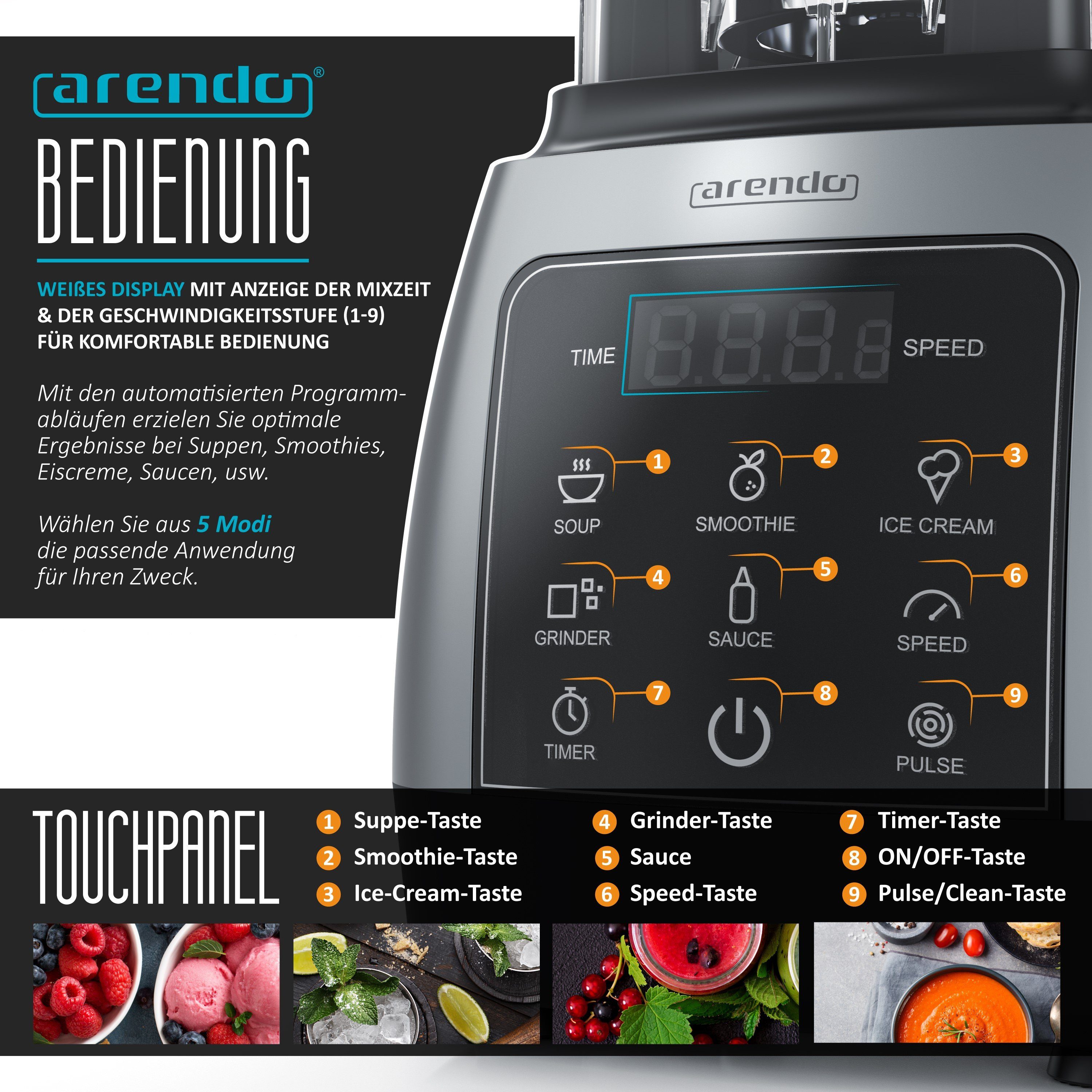 Arendo Standmixer Hochleitungsmixer 2000 W mit Touchpanel, max. 24.000 U/min, 2000 W, Mixer mit Pulsfunktion, 5 Programme, Timer, Mixer mit Display