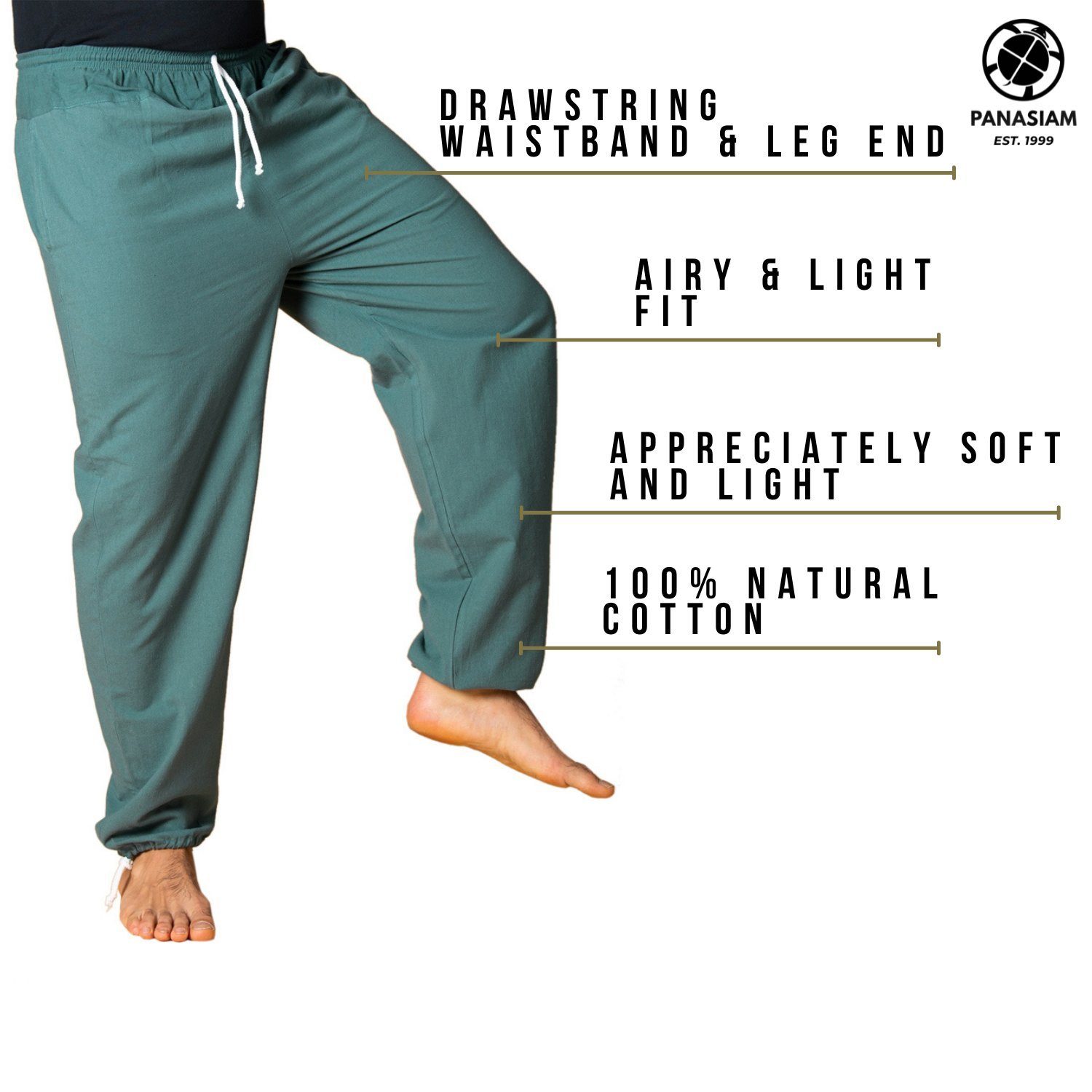 für PANASIAM und Baumwolle Damen leichte grün Herren Tunnelzug Freizeithose Bundhose Relaxhose bequeme Wellnesshose Unisex E-Pants dunkel Sommerhose mit weicher aus