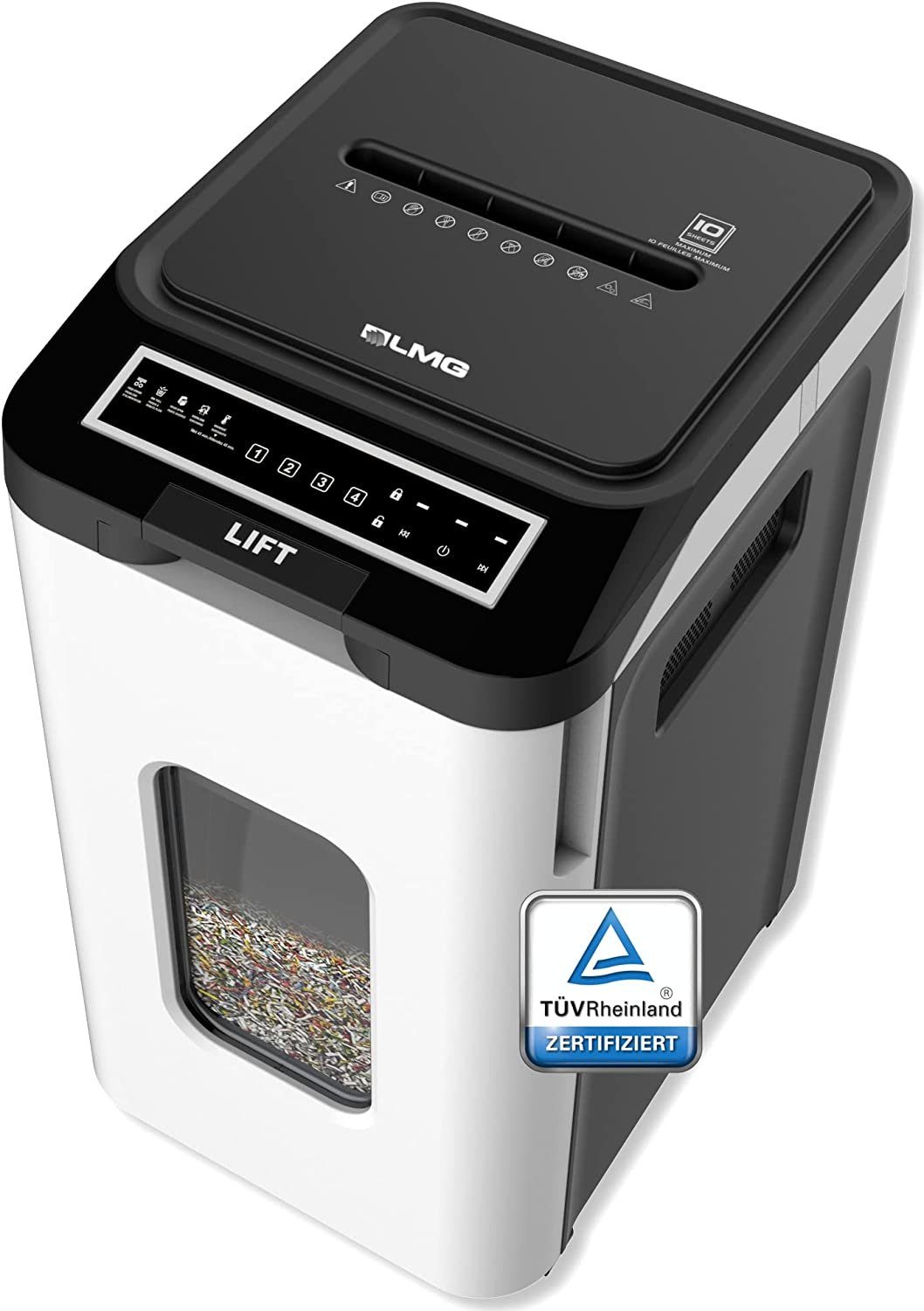 LMG Germany Papierschredder Autofeed Aktenvernichter, Manuell 10 und Auto 350 Blatt, Autofeed, PIN-Sperre, leise, Touch, 70 l, Rollen, Anti-Stau