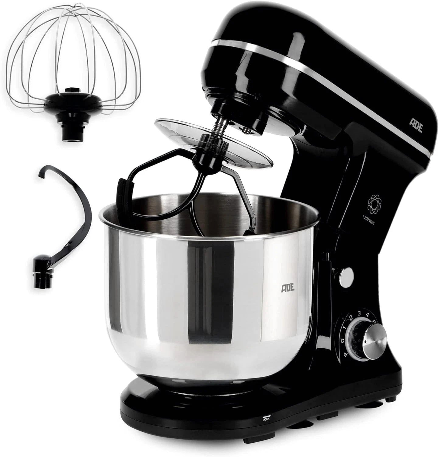 ADE Küchenmaschine KA2100-2, 1200 W, 5 l Schüssel, Planetenrührwerk, 6 Stufen, Pulsfunktion, Spritzschutz, 3 Aufsätze
