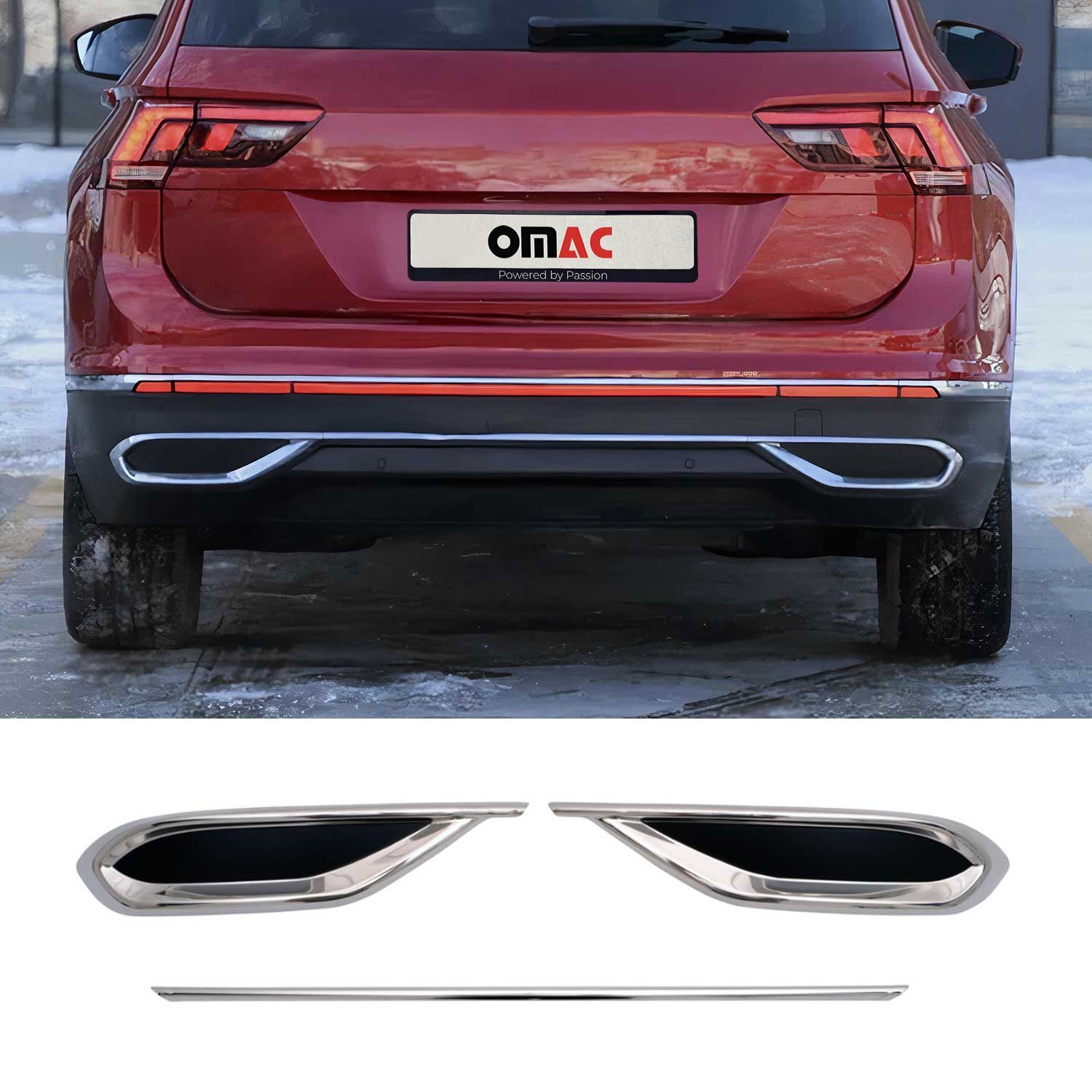 OMAC Zierleisten-Aufkleber Stoßstangen Auspuffrahmen für VW Tiguan AD 2020-2024 Edelstahl 3tlg, (3tlg), Langlebig,Einfache Reinigung,Einfache Installation,Rostbeständig