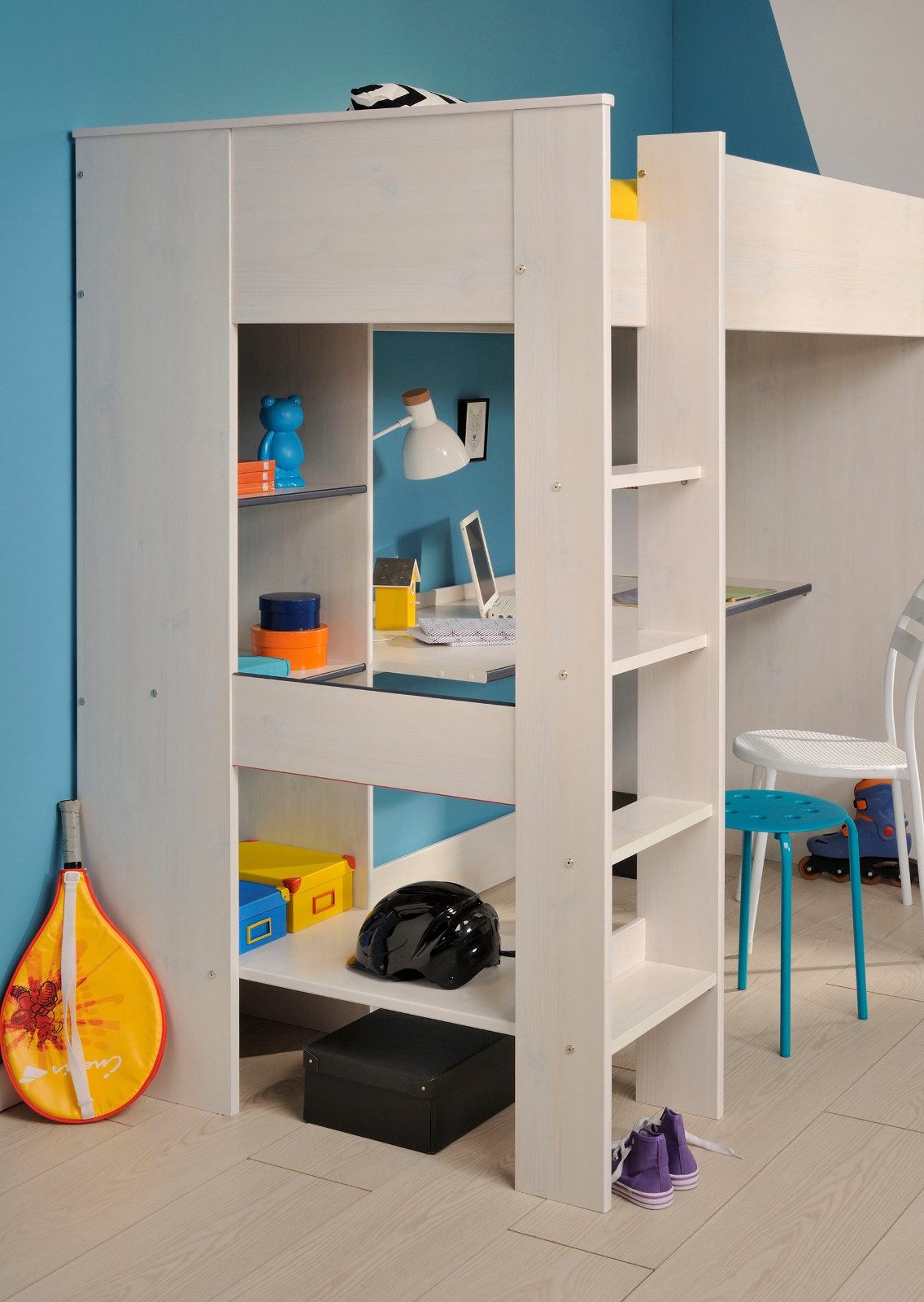 Parisot Tivaro youth bedroom set (loft bed (90x200) with desk and chest of drawers, pine white with blue or pink), no slatted base required
