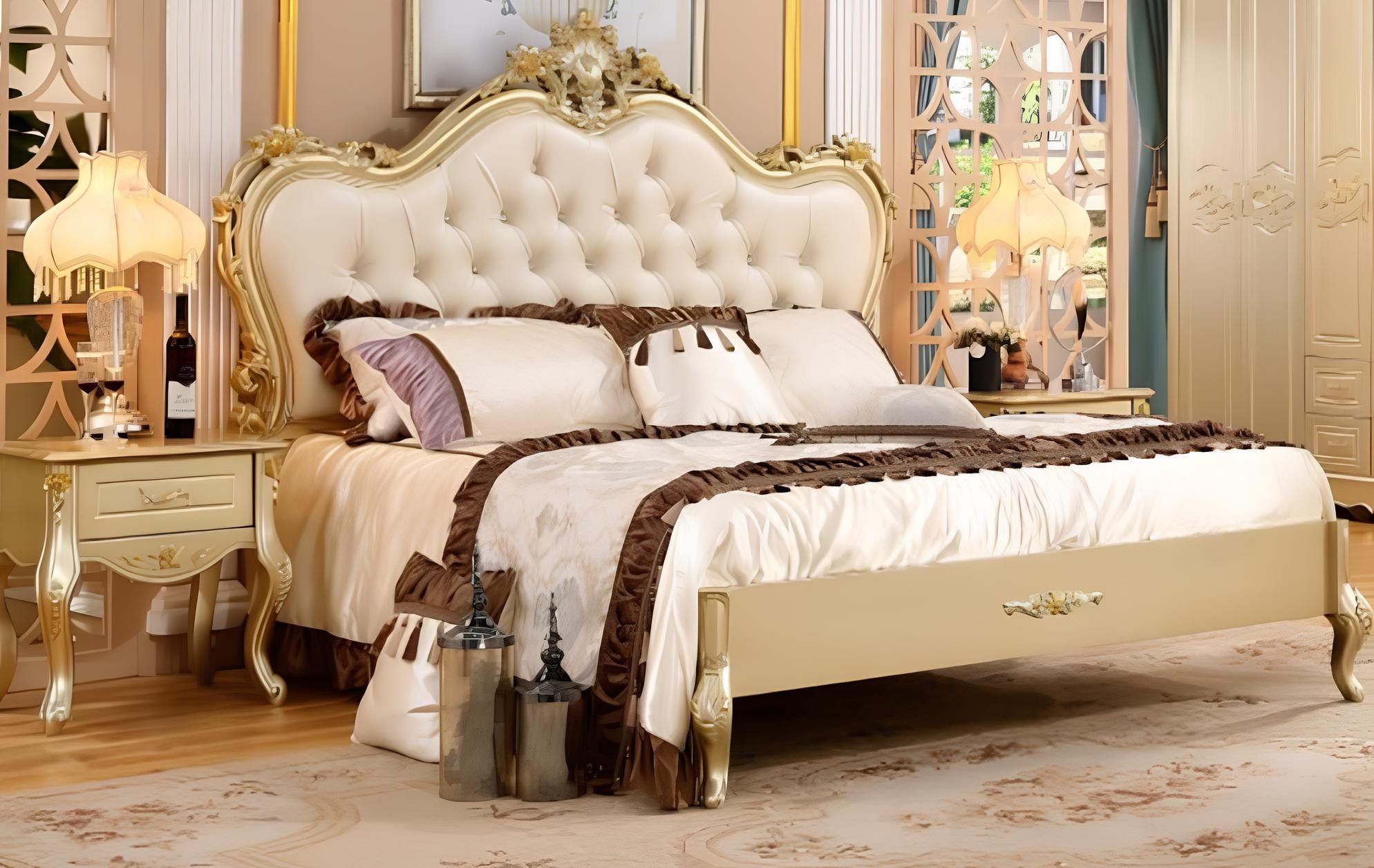 JVmoebel Bettgestell JVMoebel Massivholz Doppelbett im Retro-Stil mit Lederpolster (1-tlg)