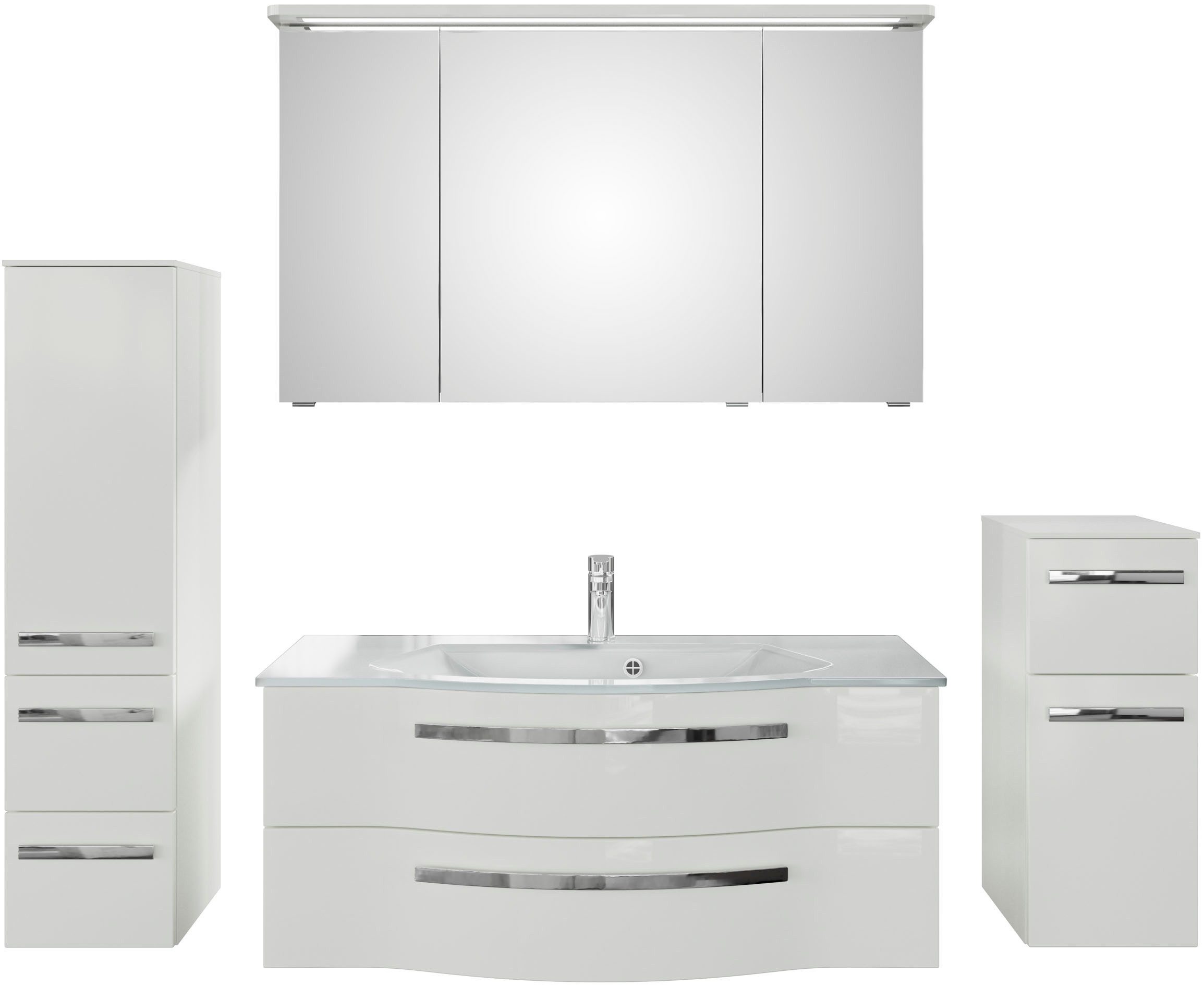 Saphir Badmöbel-Set Serie 4005, vormontiert, Glaswaschbecken, Spiegelschrank, (Set, 5-St), Badezimmer Set 92 cm breit, inkl. Türdämpfer, 3 Türen, 2 Schubladen