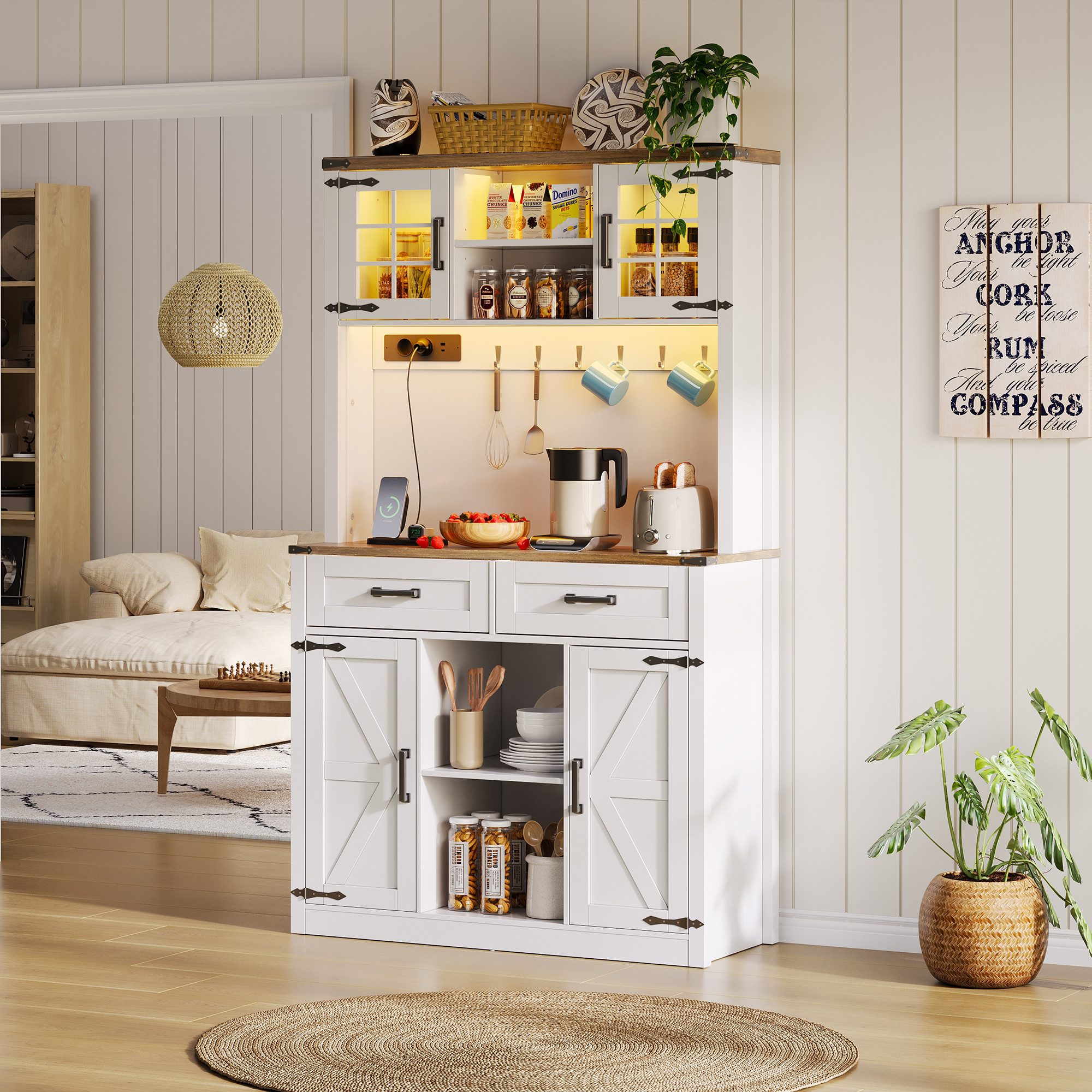Fine Life Pro Buffetaufsatz Weißer Barschrank mit LED& Steckdosen Rustikales Scheunentor-Sideboard