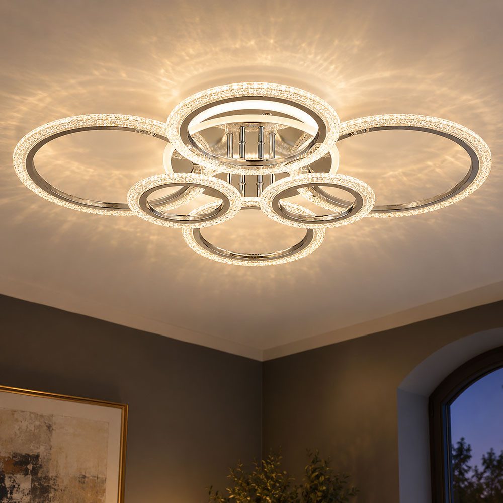 GLOBO LIGHTING LED Deckenleuchte, LED-Leuchtmittel fest verbaut, Farbwechsel, Neutralweiß, Kaltweiß, Warmweiß, Tageslichtweiß, LED Deckenleuchte Deckenlampe Chrom CCT Farbwechsler Kristalloptik