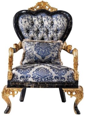 Casa Padrino Sessel Casa Padrino Luxus Barock Sessel Blau / Schwarz / Gold - Prunkvoller Wohnzimmer Sessel - Barockstil Wohnzimmer Möbel - Luxus Möbel im Barockstil - Barock Einrichtung - Wohnzimmer Einrichtung