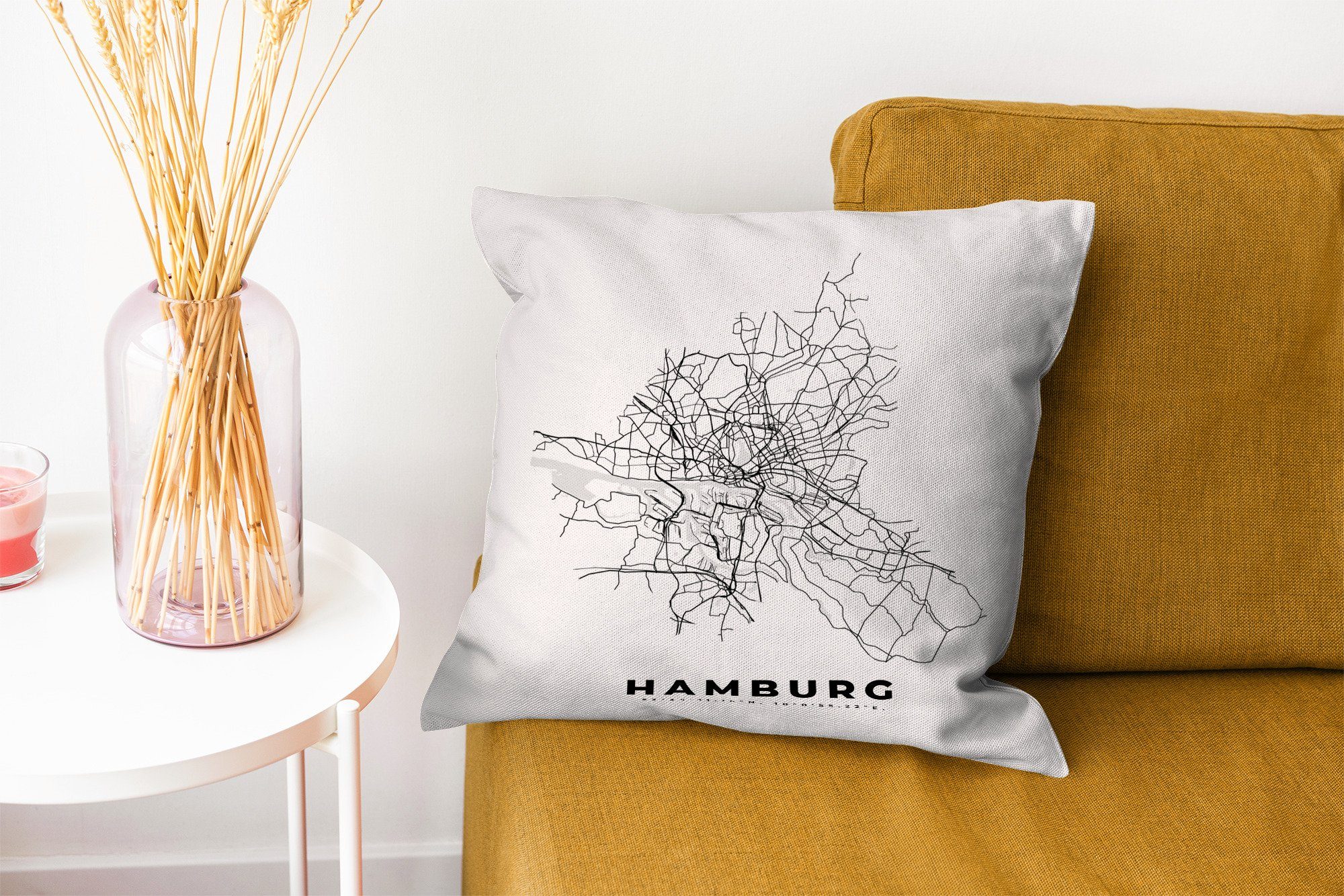 Zierkissen Füllung Karte Deutschland, für Stadtplan Deko, Hamburg Sofakissen MuchoWow mit - - Dekokissen Schlafzimmer, Wohzimmer, Schwarz-weiß - -