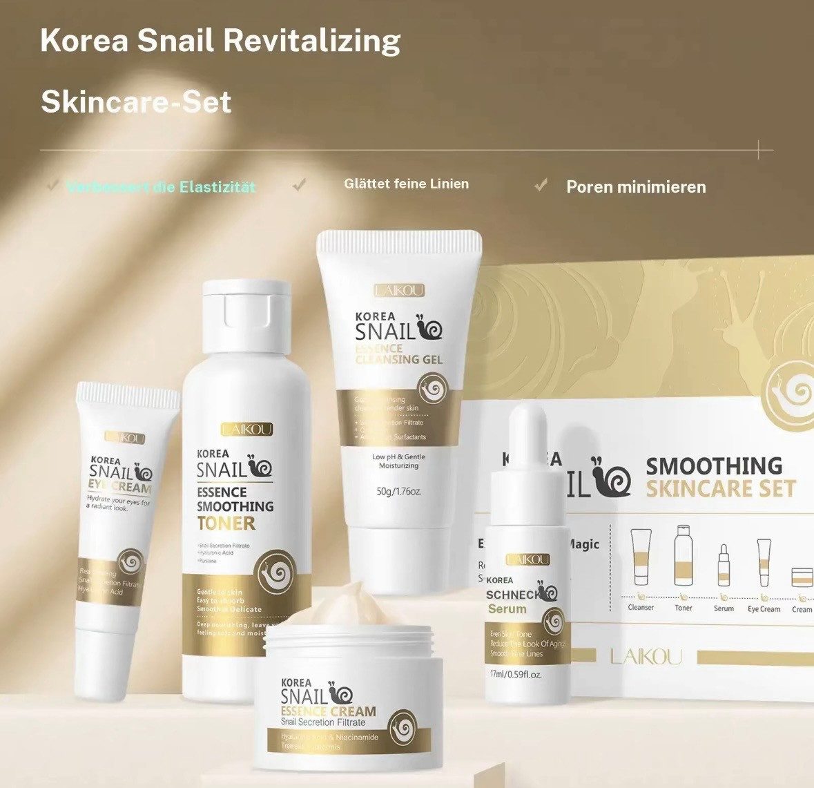 LAIKOU Gesichtspflege-Set Korea Snail Essence Soothing – Intensive Pflege mit Schneckenextrakt, 1-tlg., Komplettes 5-teiliges Hautpflegeset für die tägliche Gesichtspflege