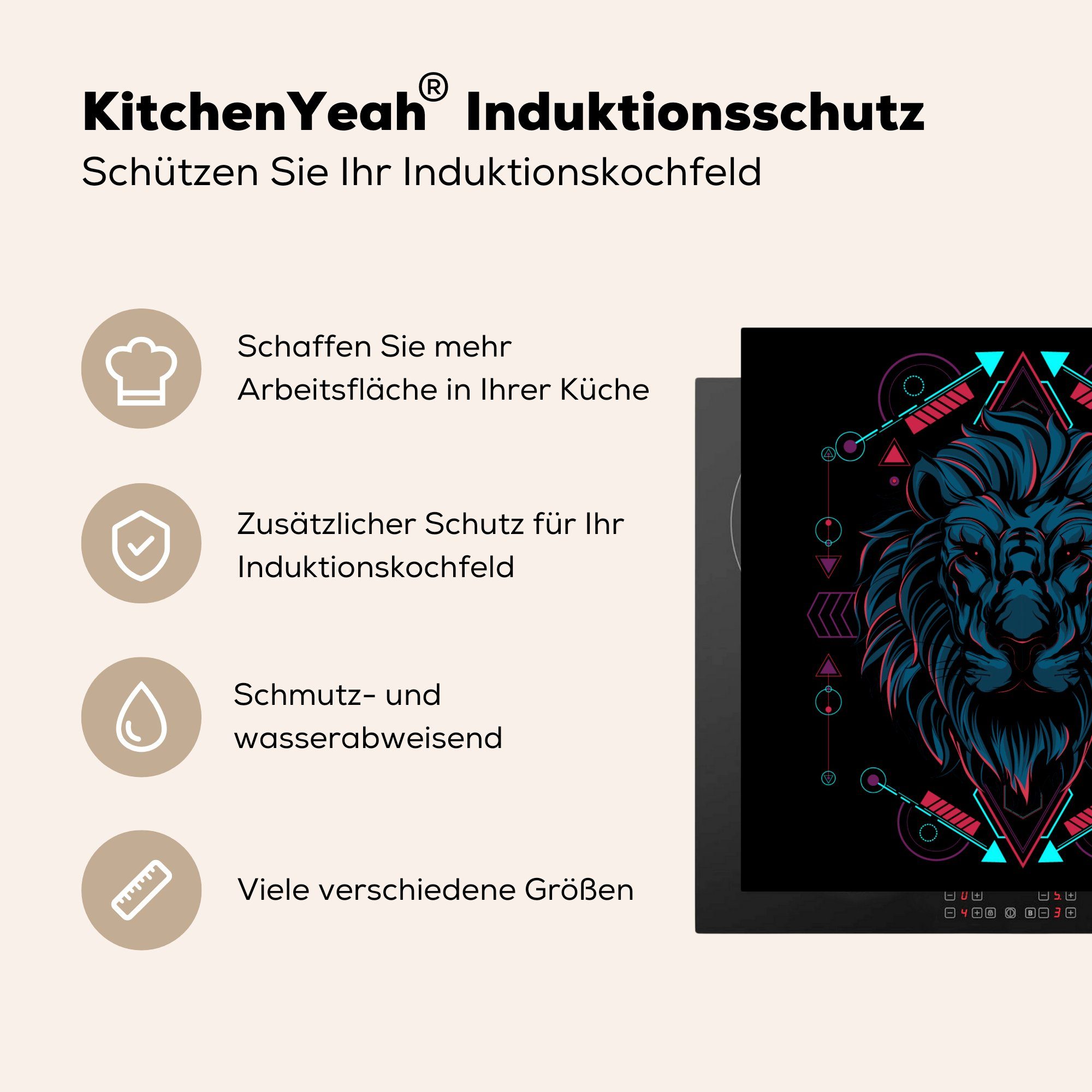 MuchoWow Herdblende-/Abdeckplatte Löwe - Tier Arbeitsplatte küche 78x78 cm, - Vinyl, Schwarz, (1 für Ceranfeldabdeckung, tlg)