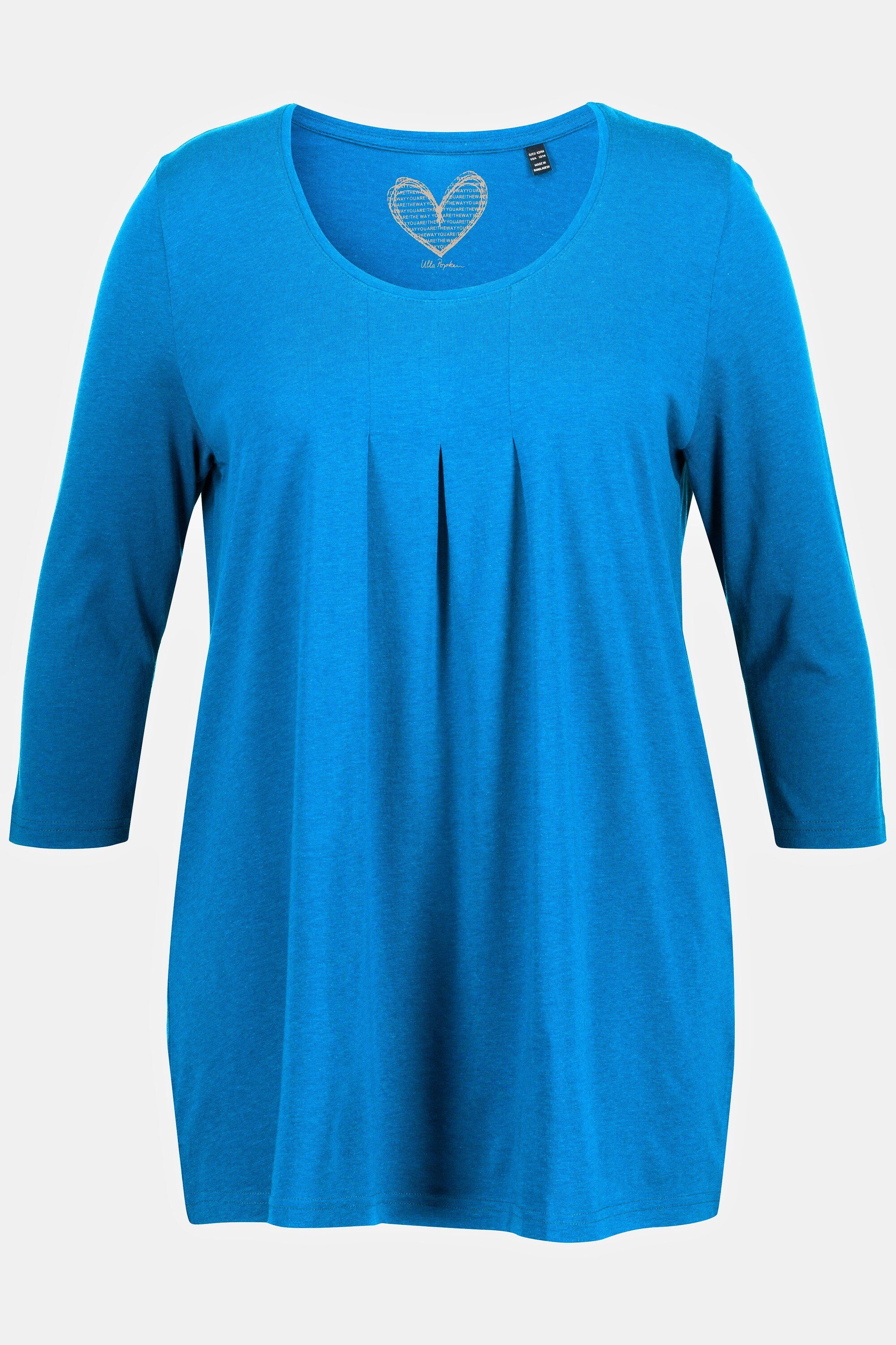 Ulla Popken Rundhalsshirt Shirt 3/4-Arm A-Linie Rundhals Zierfalten ozeanblau