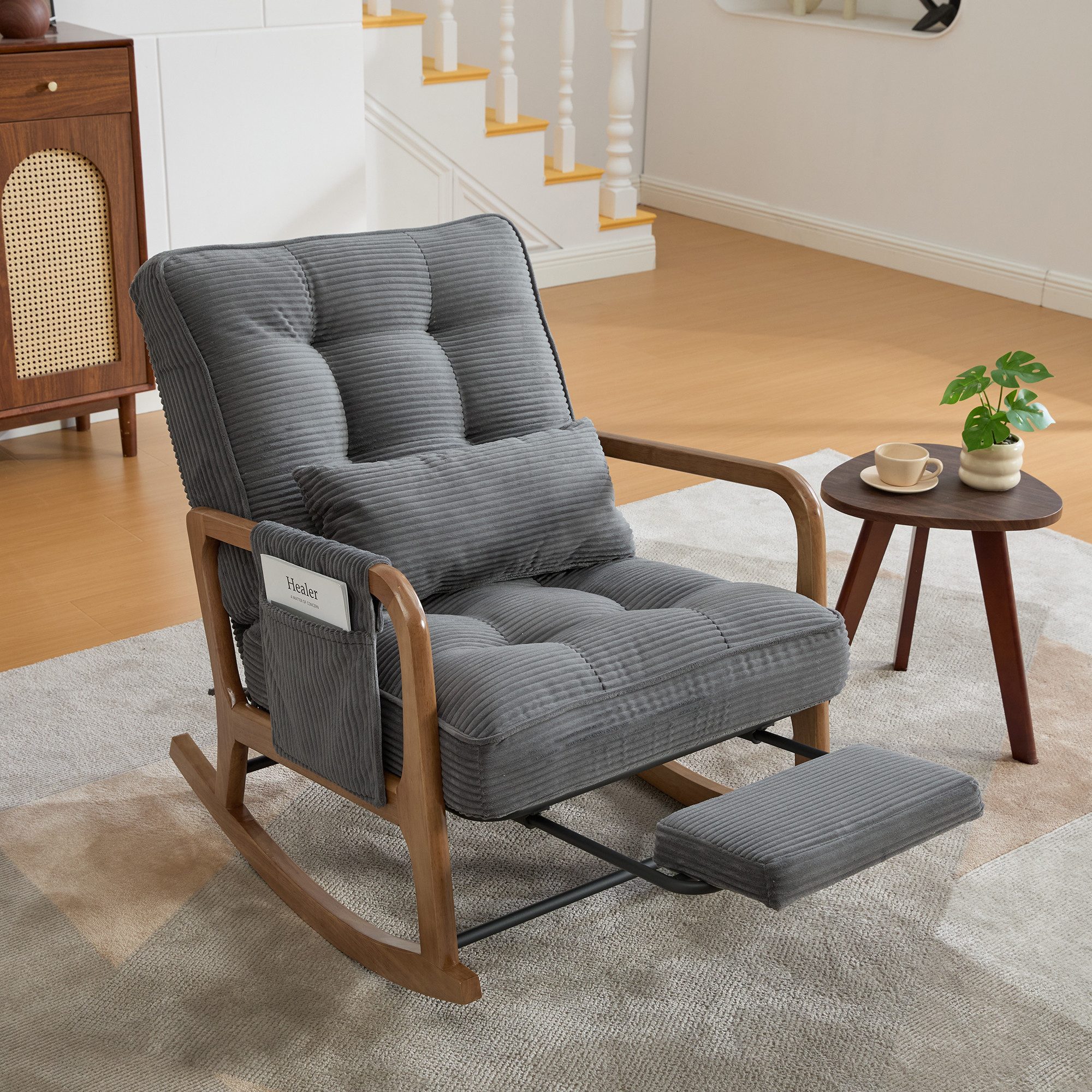 HAUSS SPOLE Schaukelstuhl mit Lendenkissen,Freizeitstuhl Loungesessel mit Fußstütze,Grau (Polstersessel Wohnzimmerstuhl mit Cord-Stoffbezug und 3-stufiger Rückenlehnenverstellung), Relaxsessel Ergonomiesessel mit hochbelastbarer Holzkonstruktion