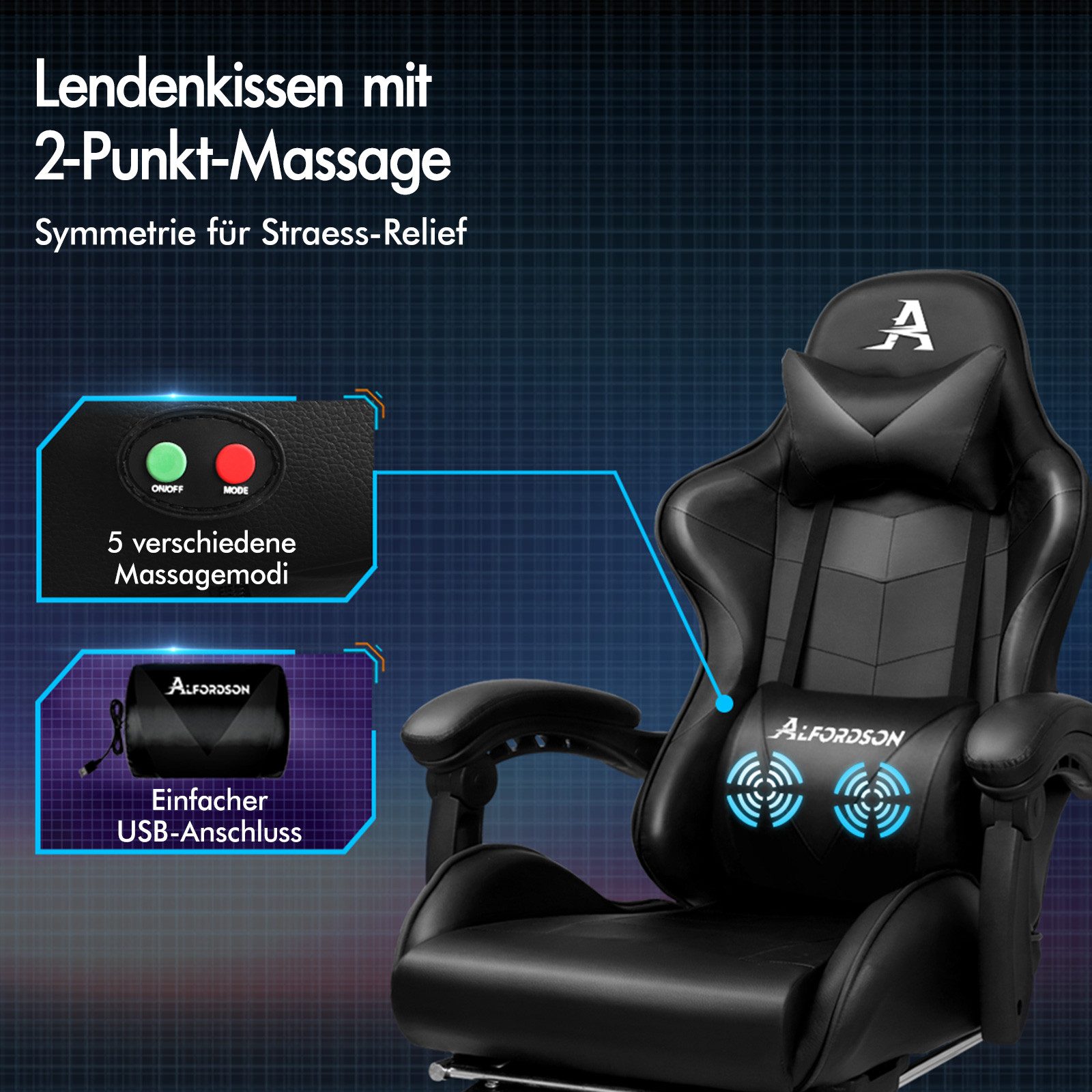 ALFORDSON Gaming-Stuhl Ergonomischer Racing Gaming-Bürostuhl, neigbar und höhenverstellbar, mit gepolsterter Fußstütze, 180 kg Tragkraft