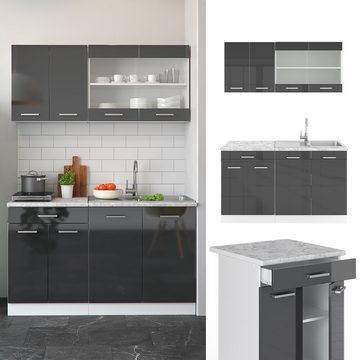 Livinity® Küchenzeile R-Line, Anthrazit Hochglanz/Weiß, 140 cm, AP Eiche